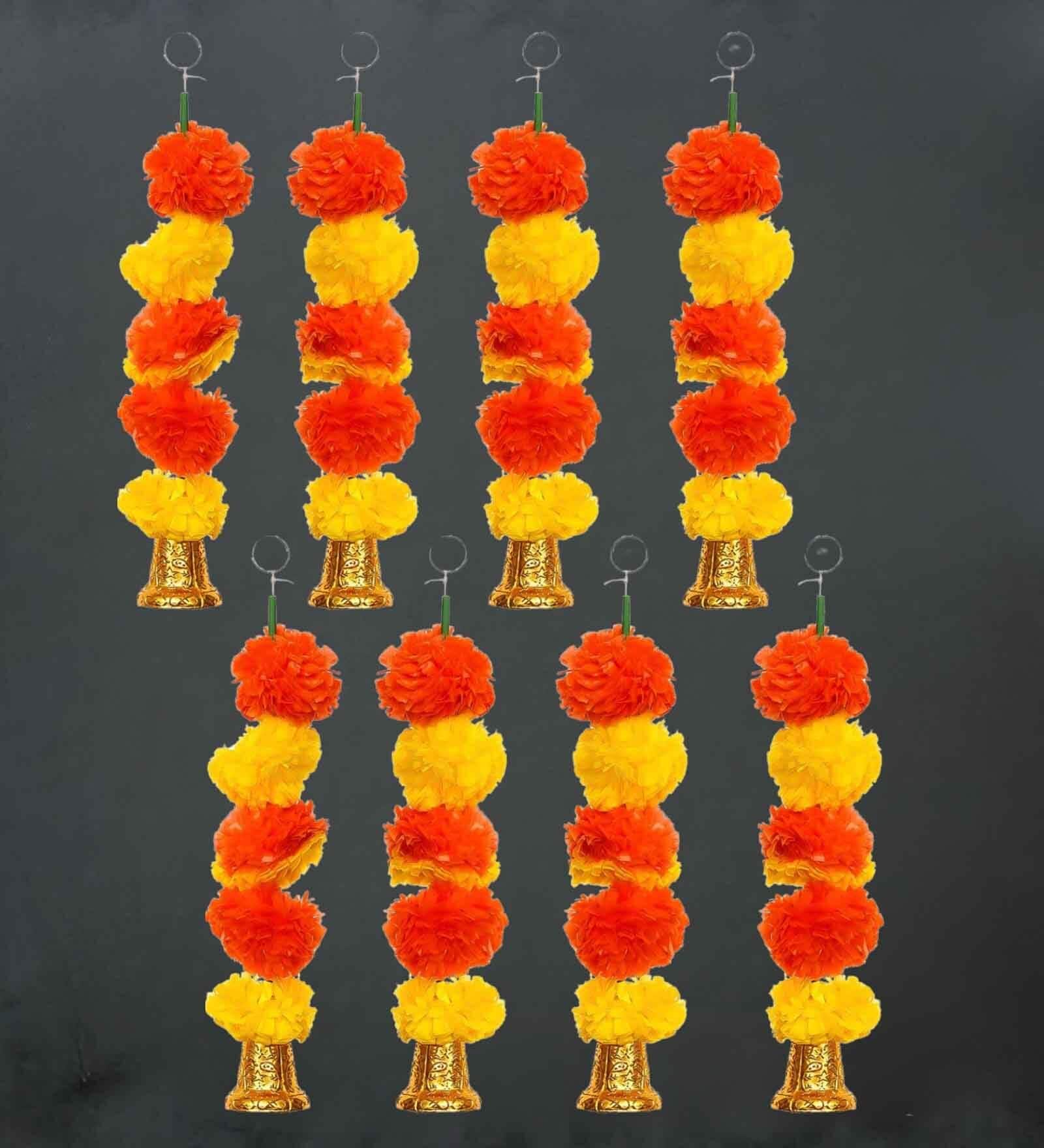 Orange & Yellow Plastic Artificial Marigold Flower Garland with Bells Wall Hanging (Set of 8)