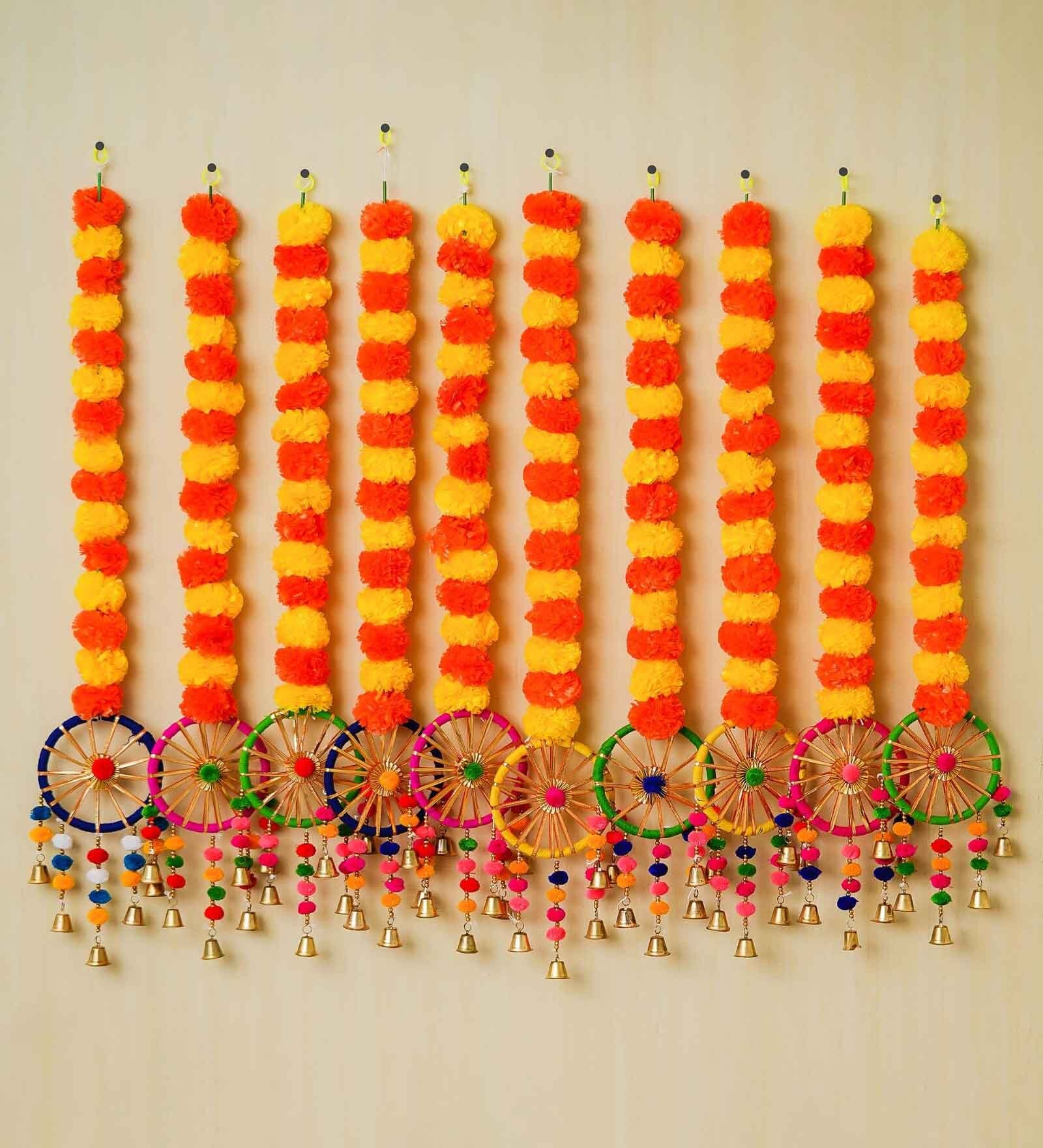 Orange & Yellow Plastic Artificial Marigold Flowers Hangings with Bangles Ringing Bells (Set of 10)