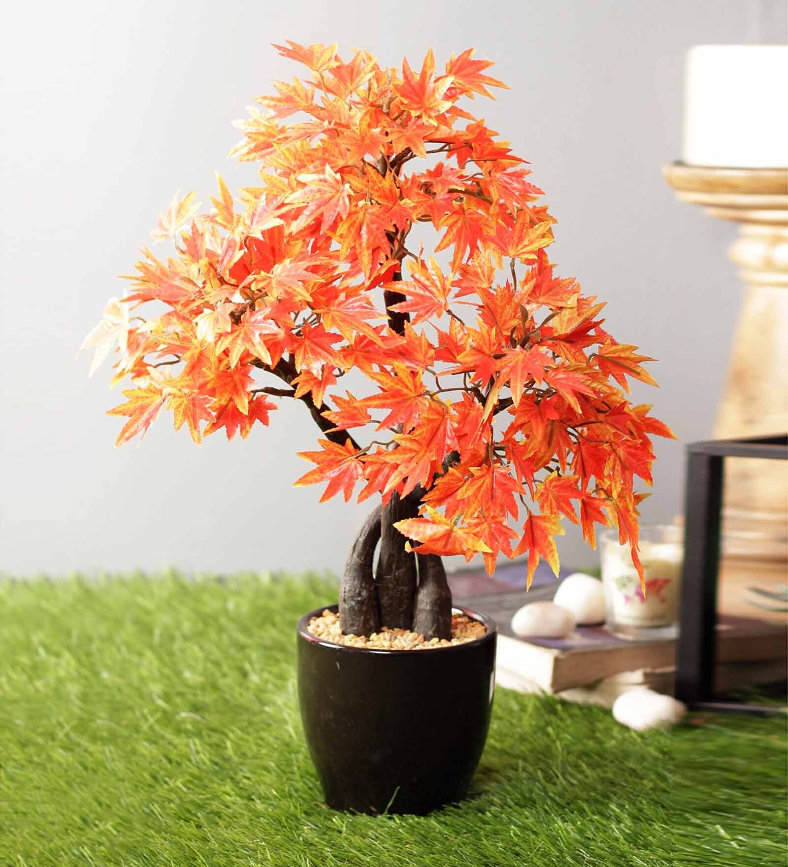 Buy Multicolour Polyester Artificial Bonsai Plant With Black Ceramic