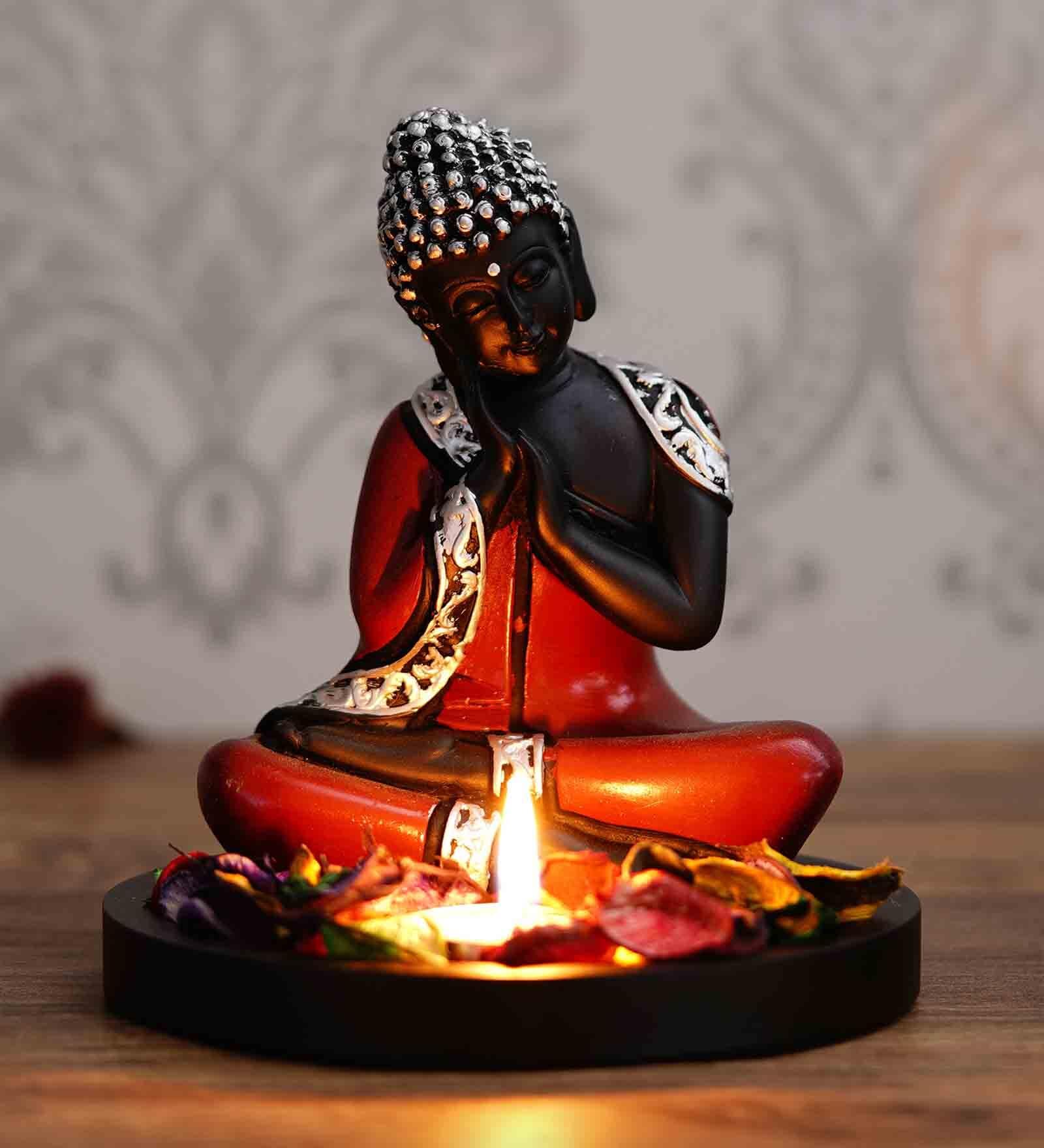 Multicolour Polyresin Antique Finish Handcrafted Thinking Buddha with Wooden Base