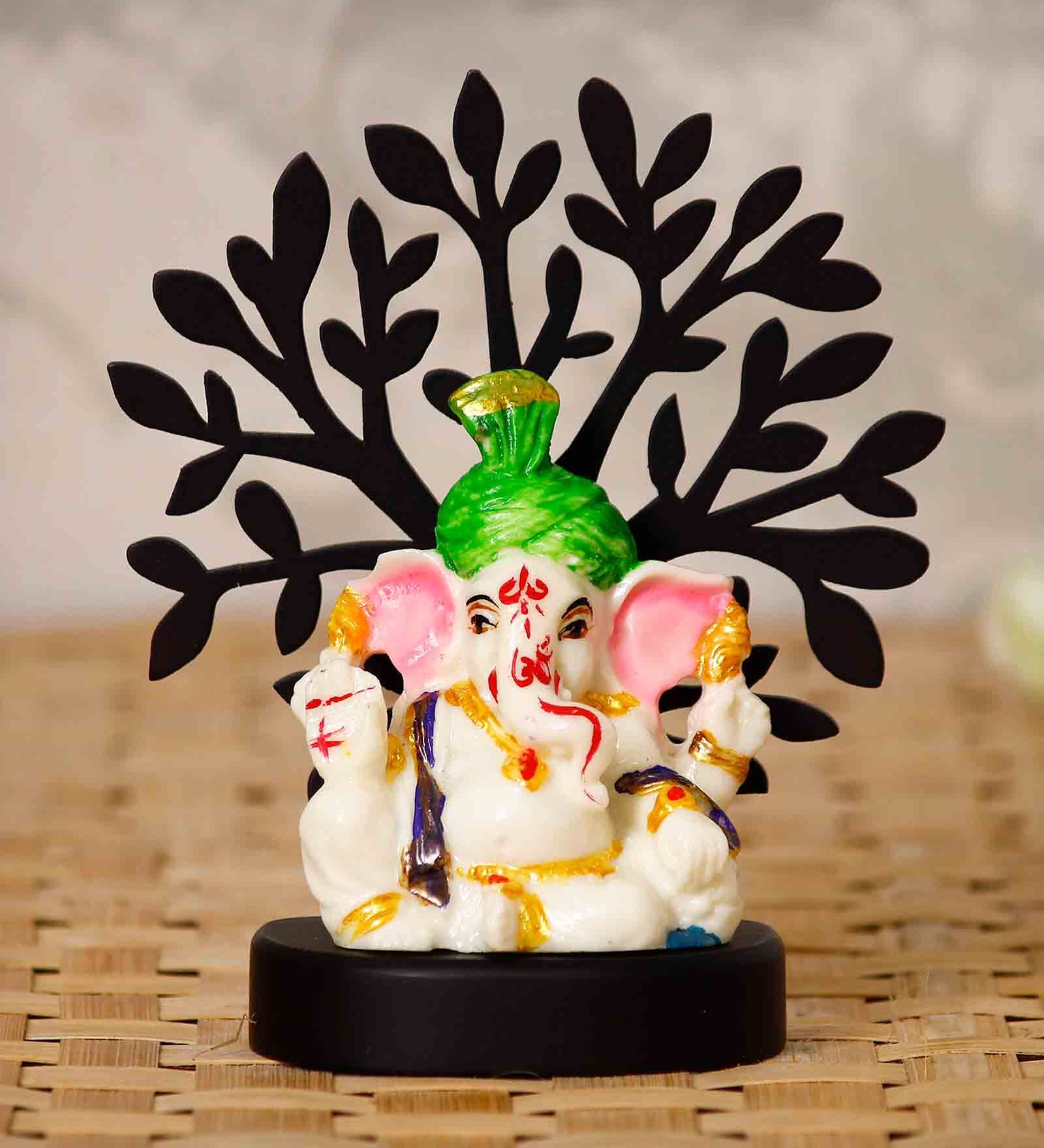 Multicolour Polyresin Decorative Lord Ganesha Idol with Wooden Tree