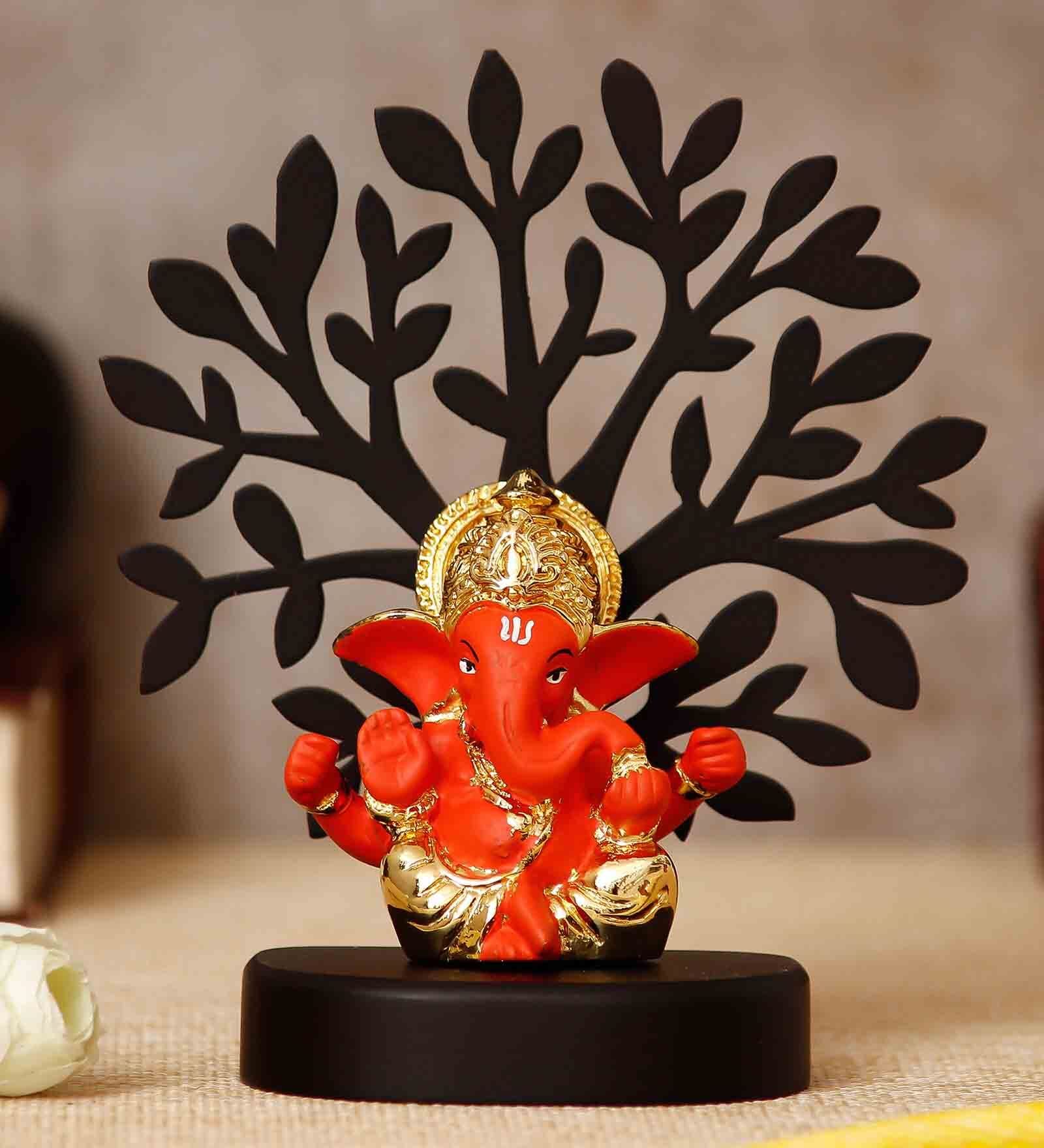 Multicolour Polyresin Gold Plated Orange Mukut Ganesha Idol with Wooden Tree