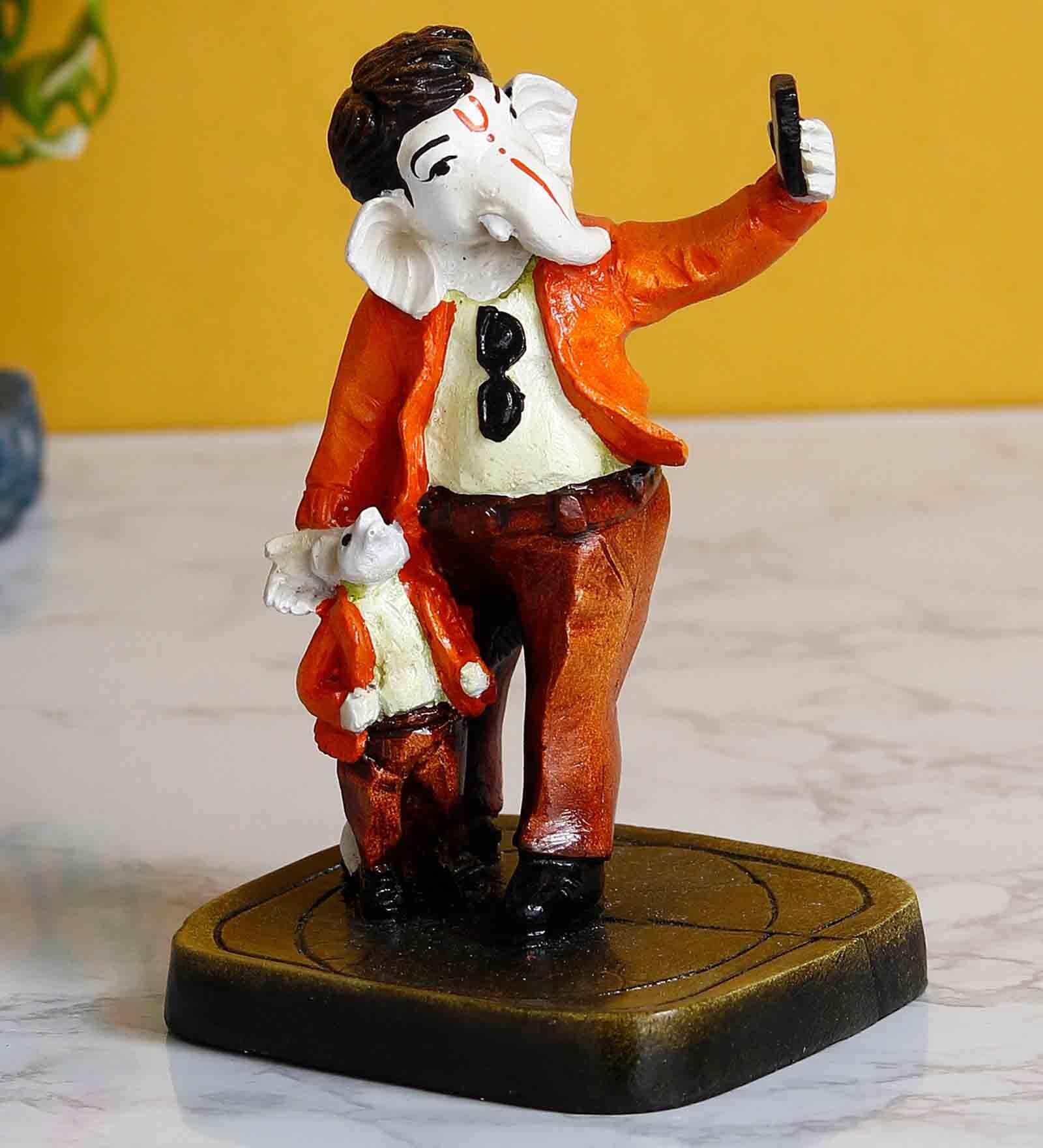 Multicolour Polyresin Lord Ganesha Taking Selfie With Mushak Idol