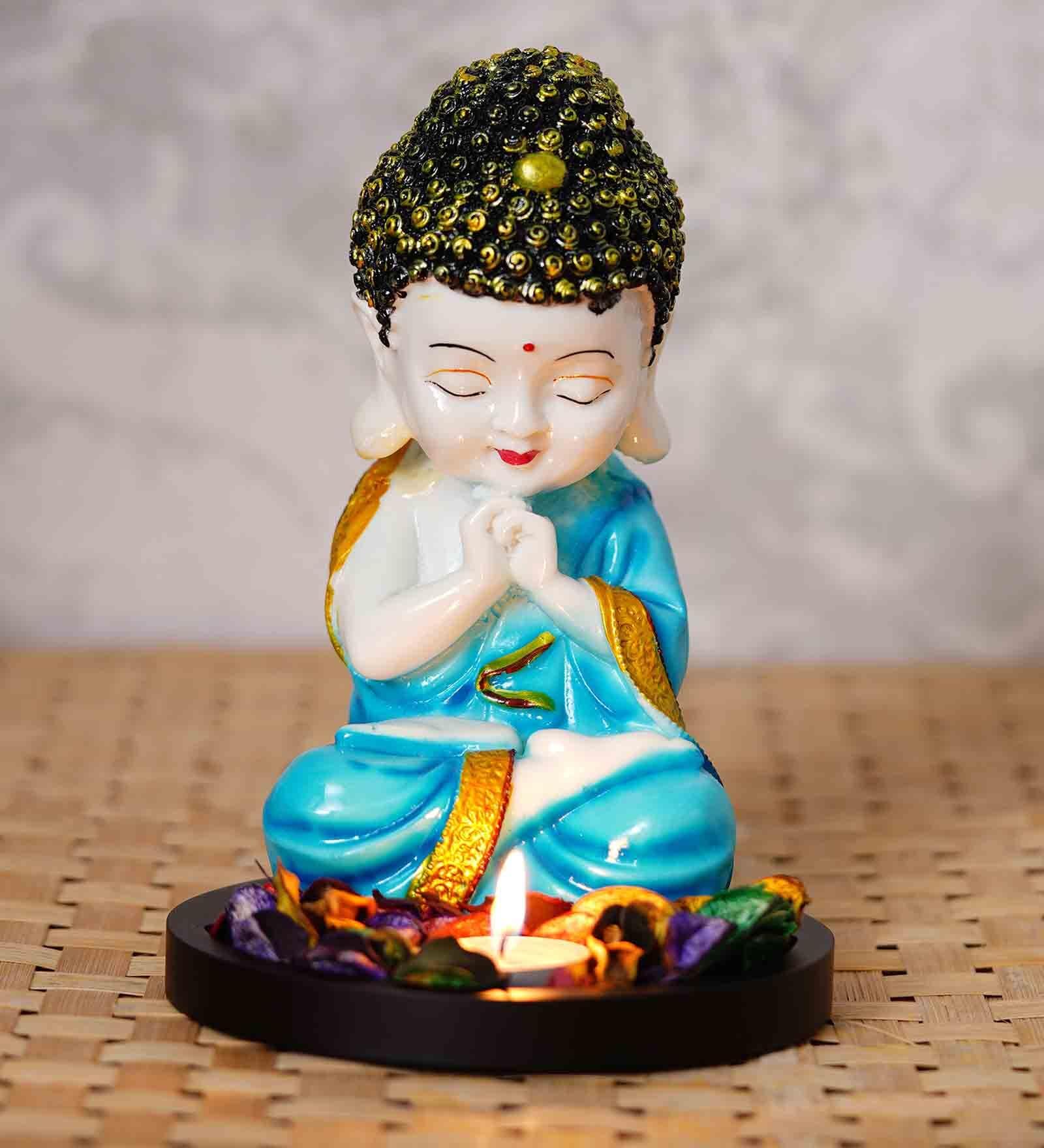 Multicolour Polyresin Praying Blue Monk Buddha With Wooden Base