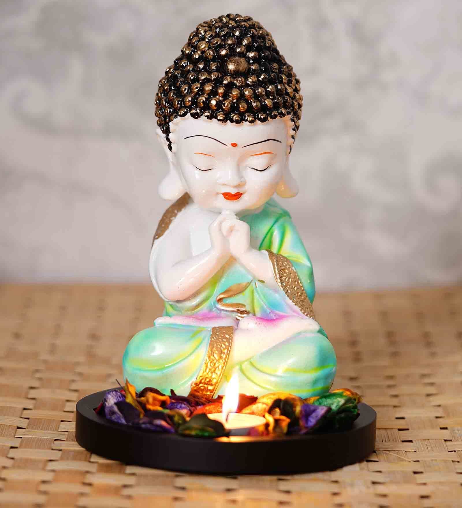Multicolour Polyresin Praying Green Monk Buddha with Wooden Base