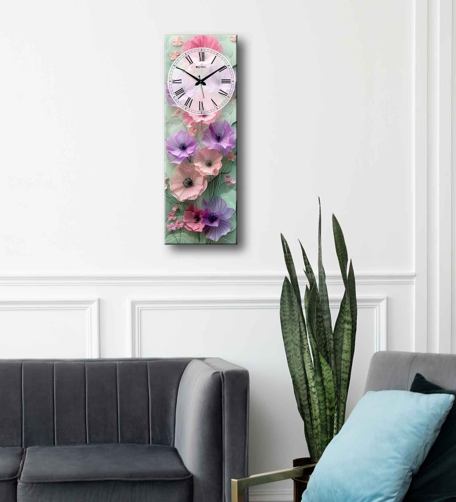 Multicolour Rectangle 24 Inches Wooden Wall Clock (Floral)