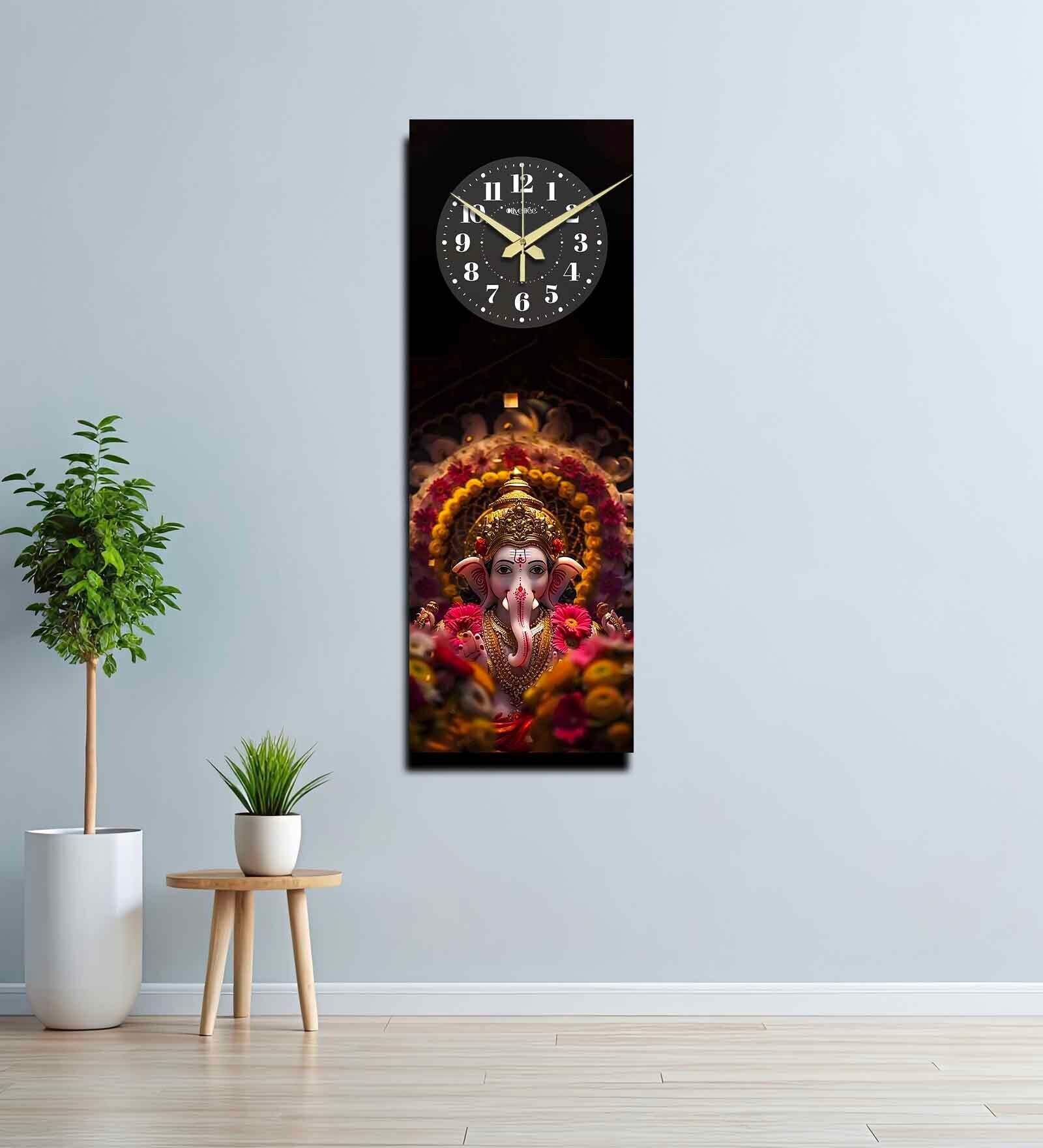 Multicolour Rectangle 24 Inches Wooden Wall Clock (Ganesha)