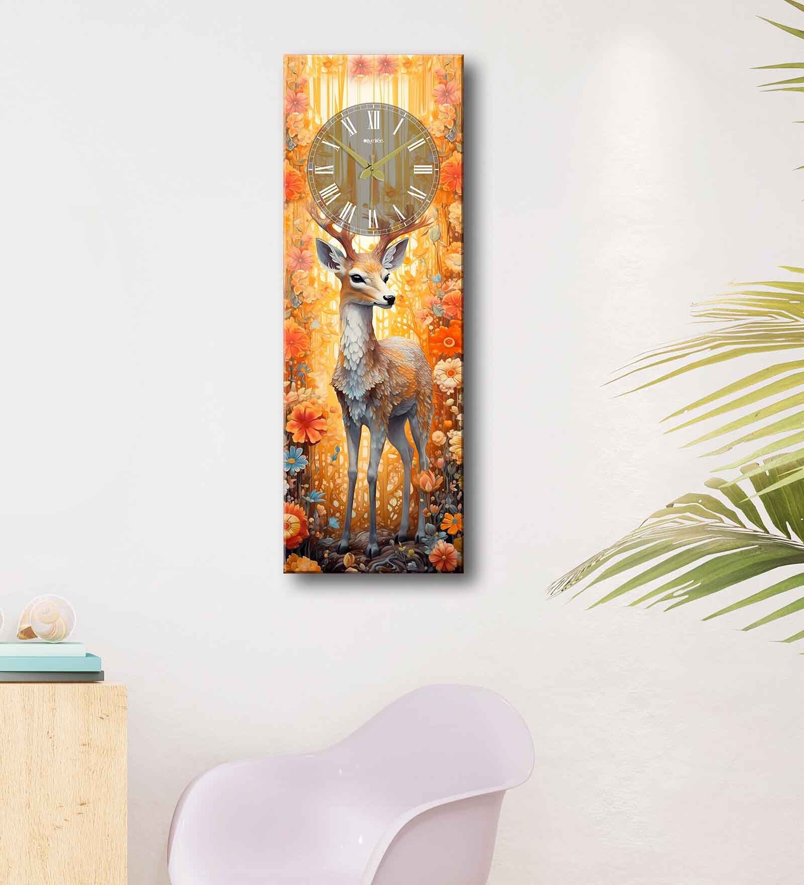 Multicolour Rectangle 24 Inches Wooden Wall Clock (Deer)