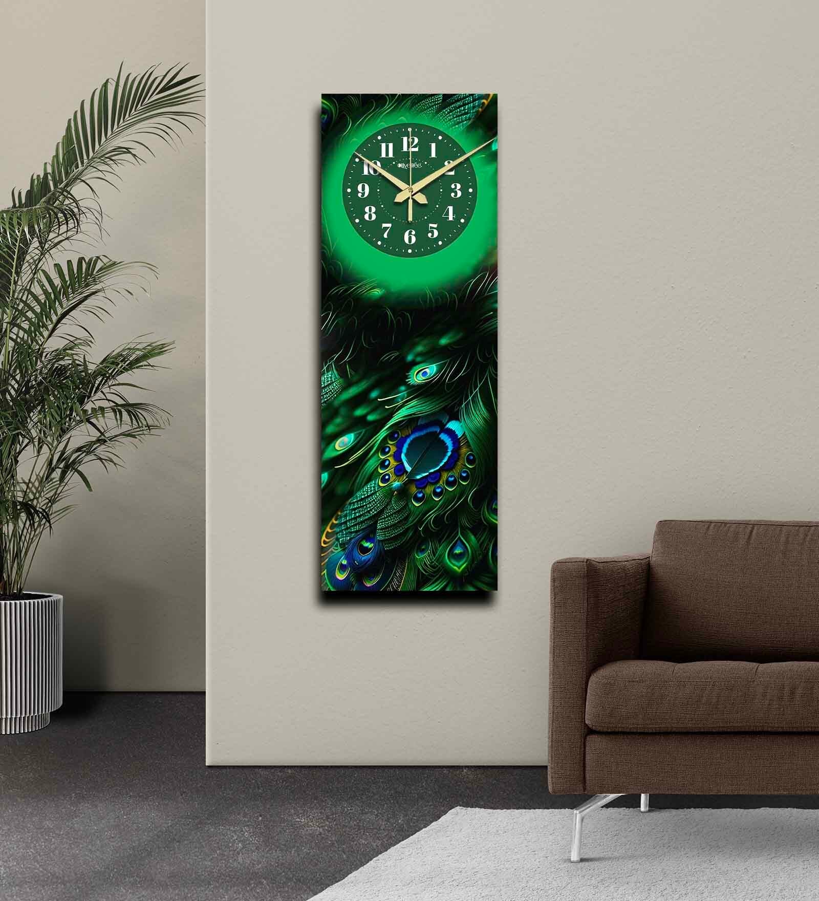 Multicolour Rectangle 24 Inches Wooden Wall Clock (peacock feather)
