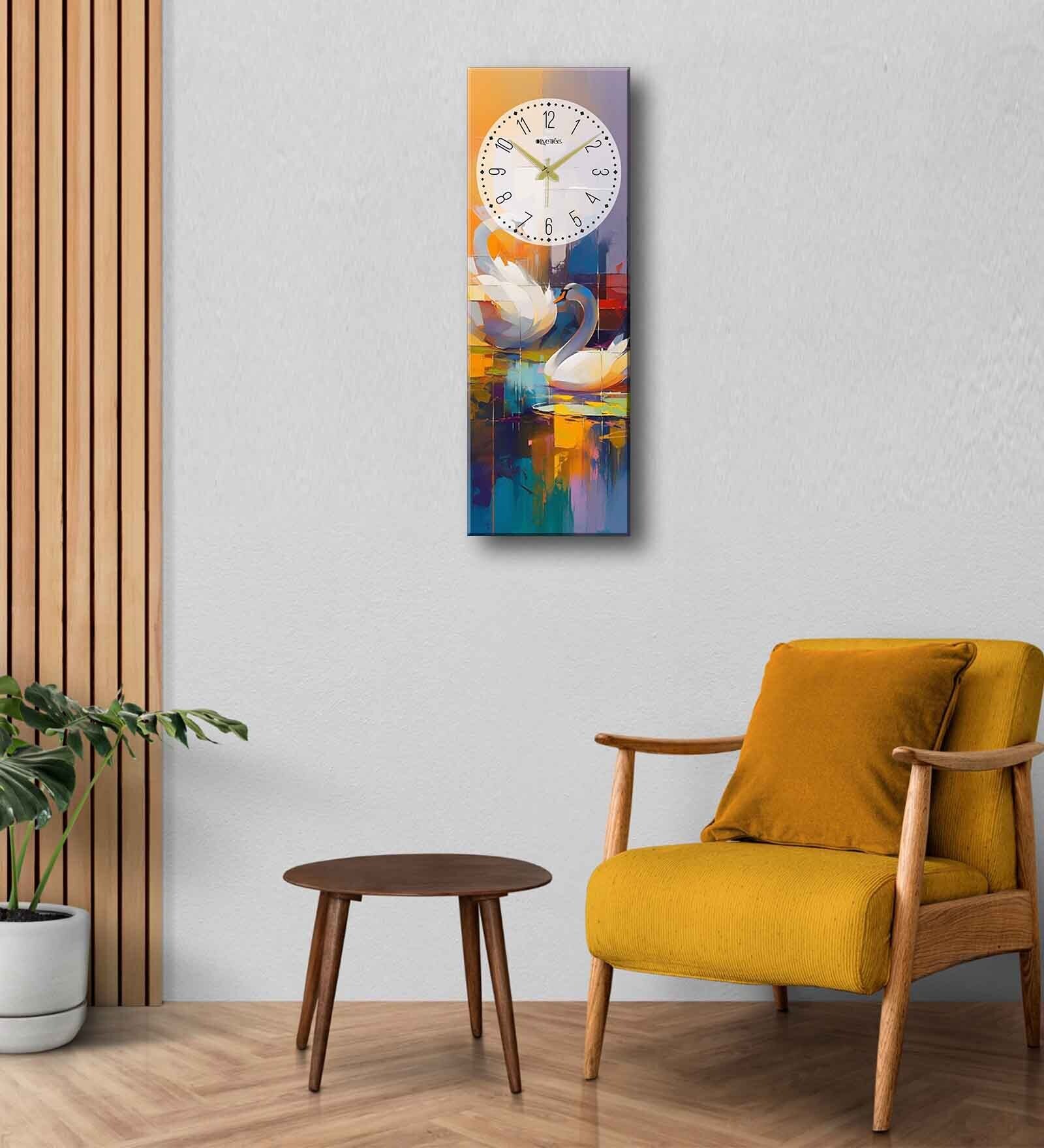Multicolour Rectangle 24 Inches Wooden Wall Clock (Swan)