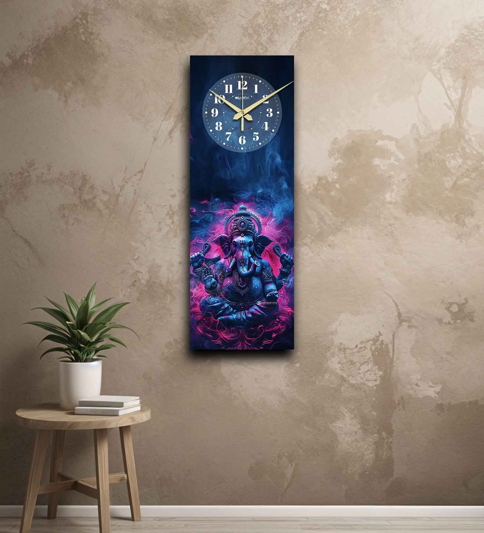 Multicolour Rectangle 24 Inches Wooden Wall Clock (Lord Ganesh)