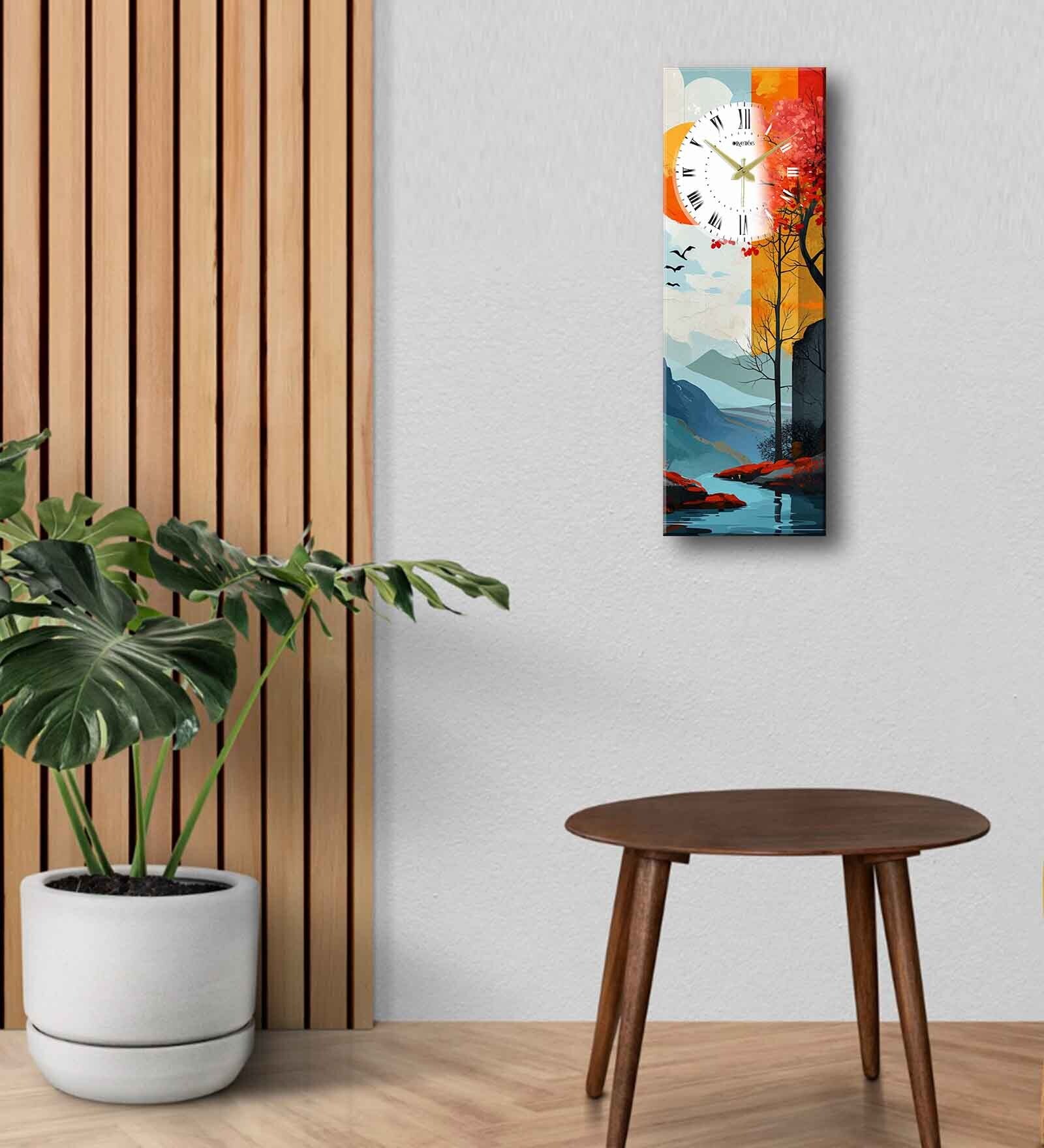 Multicolour Rectangle 24 Inches Wooden Wall Clock (Mountain)