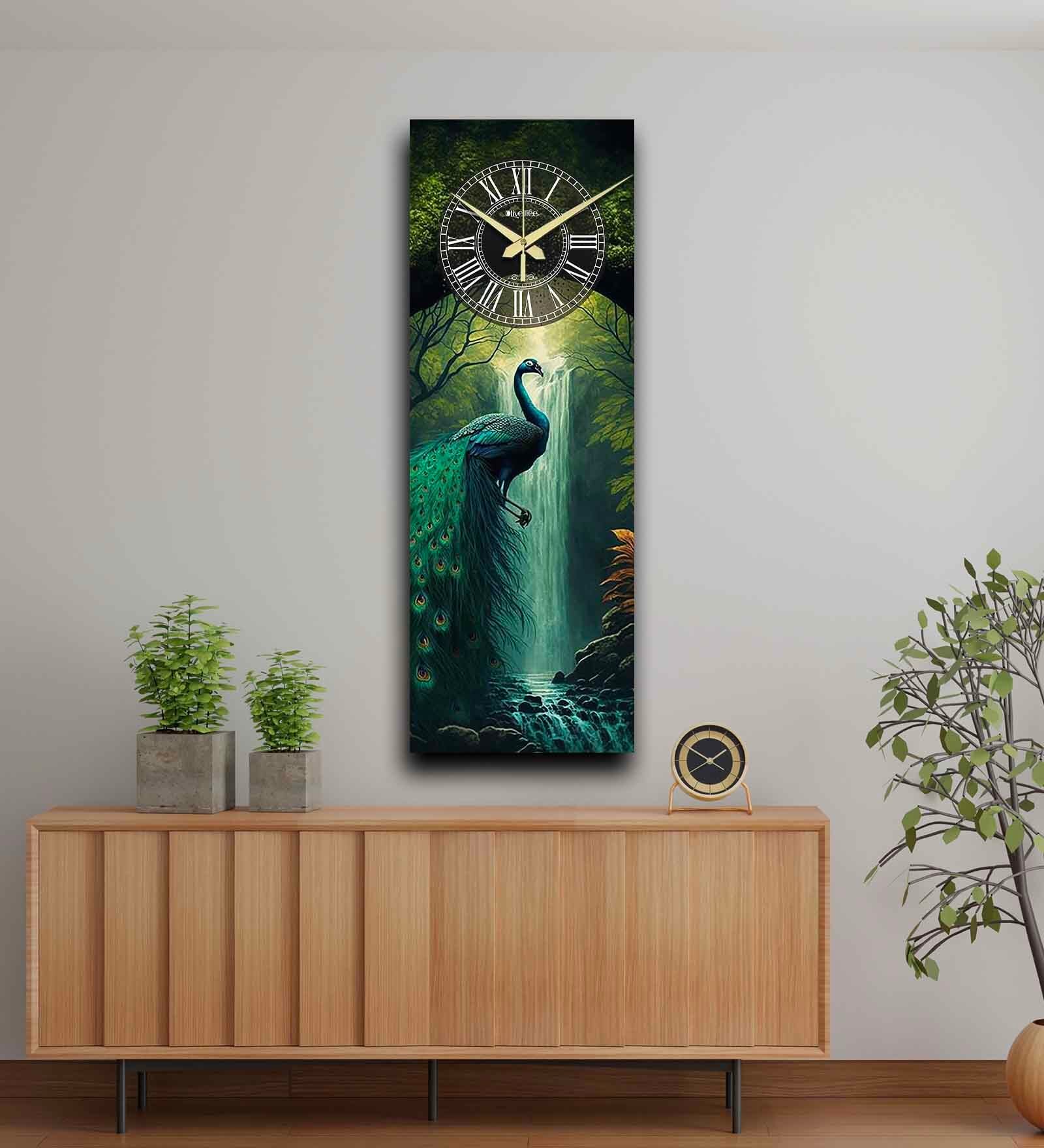 Multicolour Rectangle 24 Inches Wooden Wall Clock (Peacock)