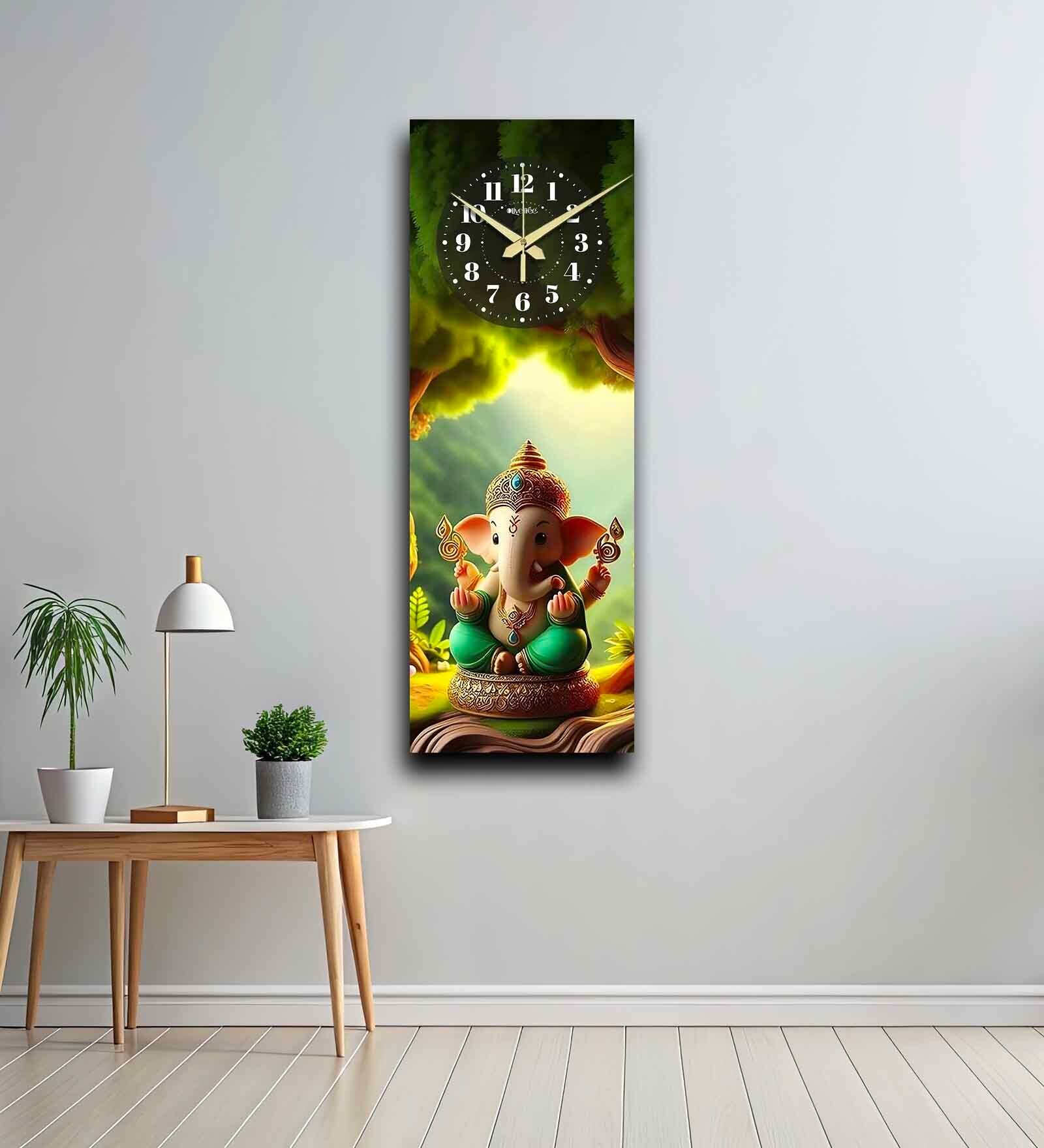 Multicolour Rectangle 24 Inches Wooden Wall Clock (Ganesha Idol)