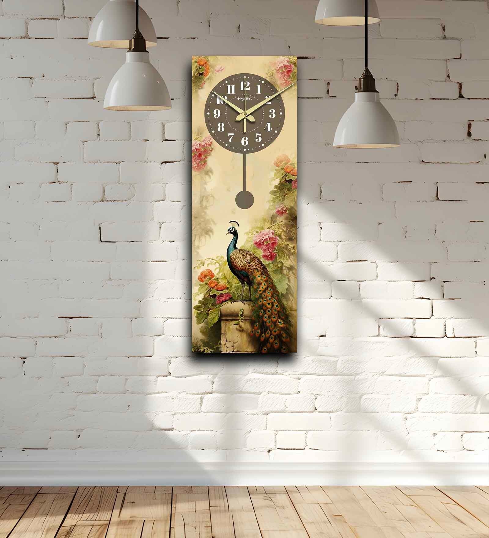 Multicolour Rectangle 24 Inches Wooden Wall Clock (Peacock)