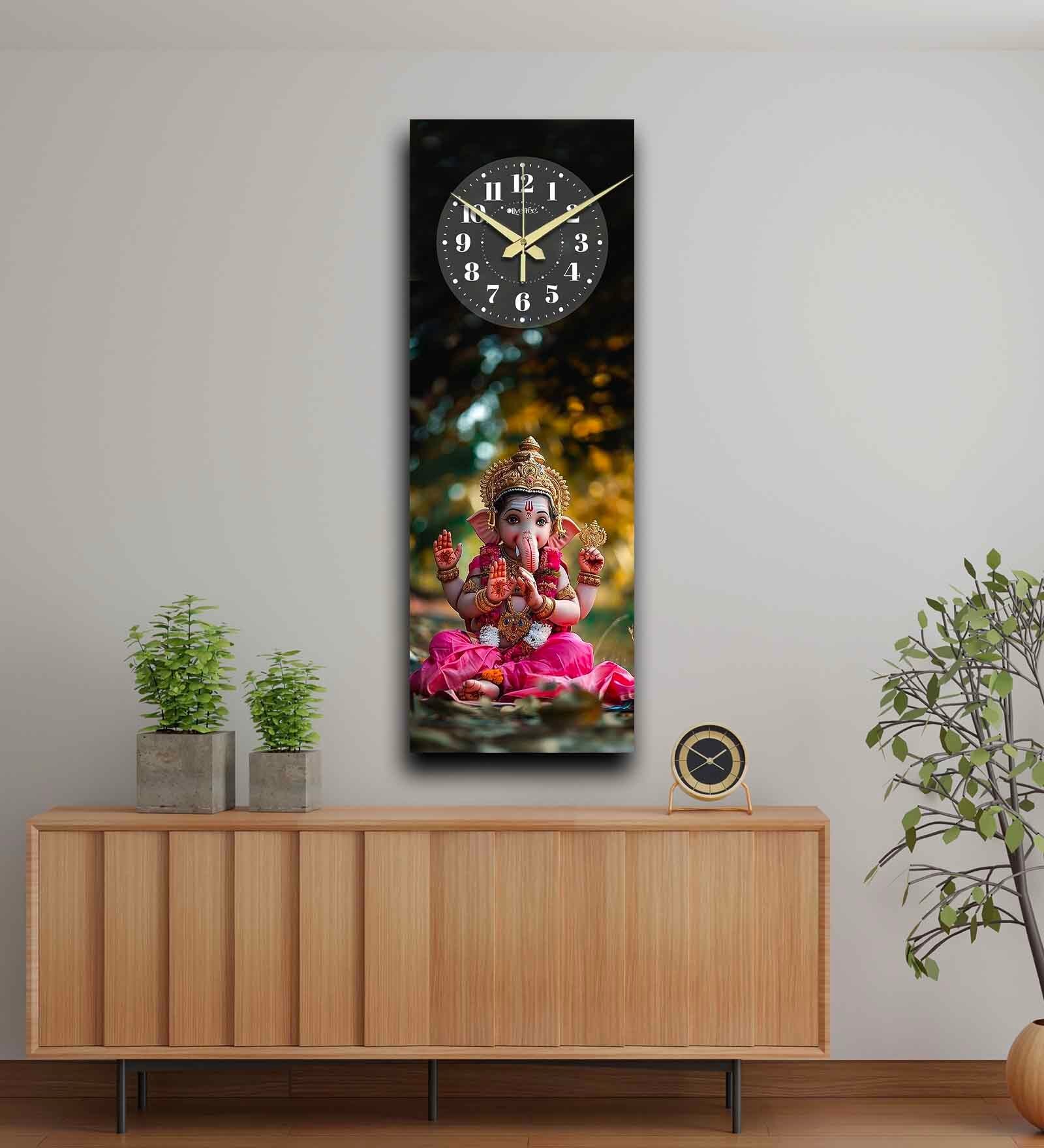 Multicolour Rectangle 24 Inches Wooden Wall Clock (Lord Ganesh)