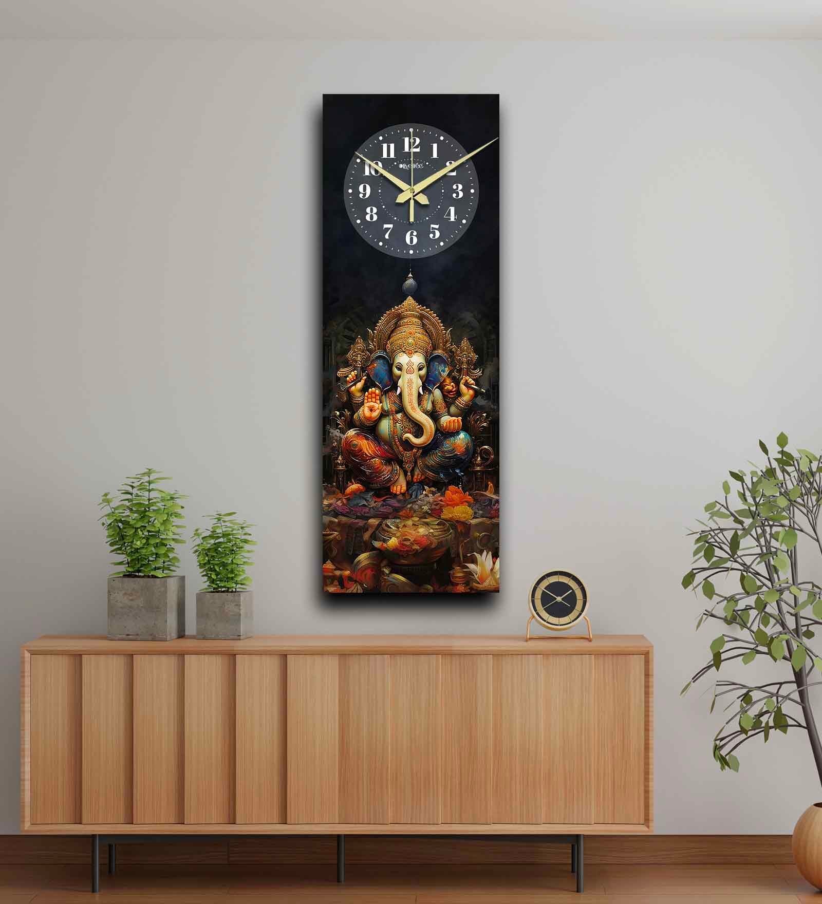 Black Rectangle 24 Inches Wooden Wall Clock (Ganesh Ji)