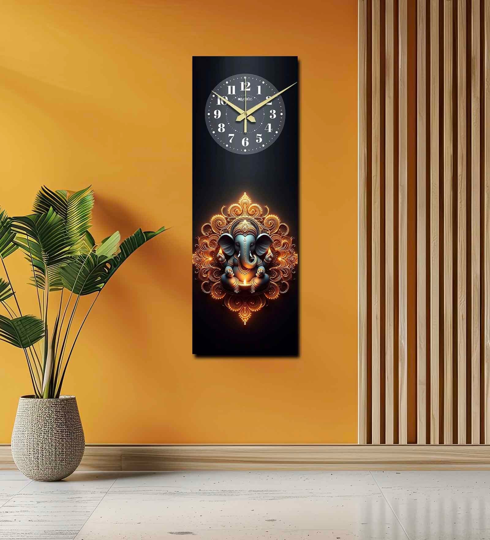 Black Rectangle 24 Inches Wooden Wall Clock (Ganpati)
