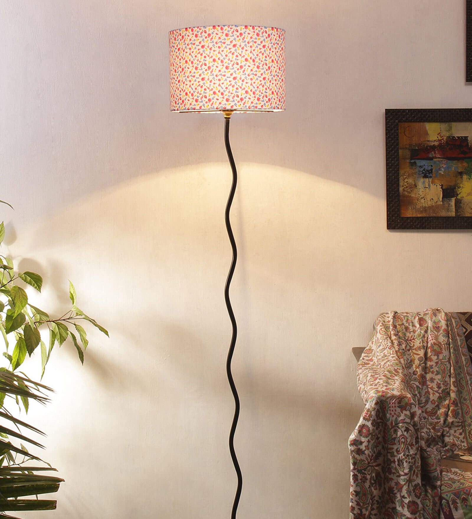 Yogasana Multicolour Cottan Fabric Shade Club Floor Lamp With Iron Base