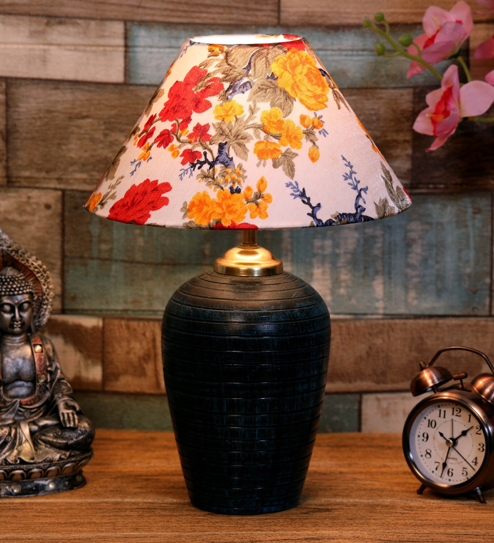 Multicolour Shade Table Lamp With Terracotta Base