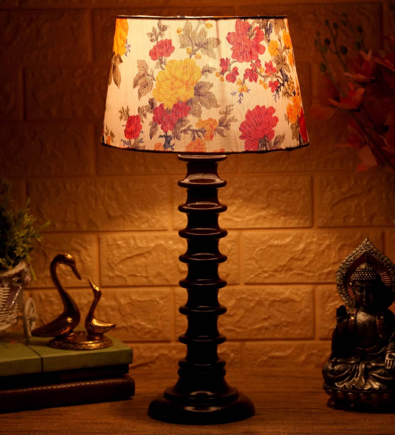 Peony Multicolour Fabric Shade Night Lamp With Wood Base