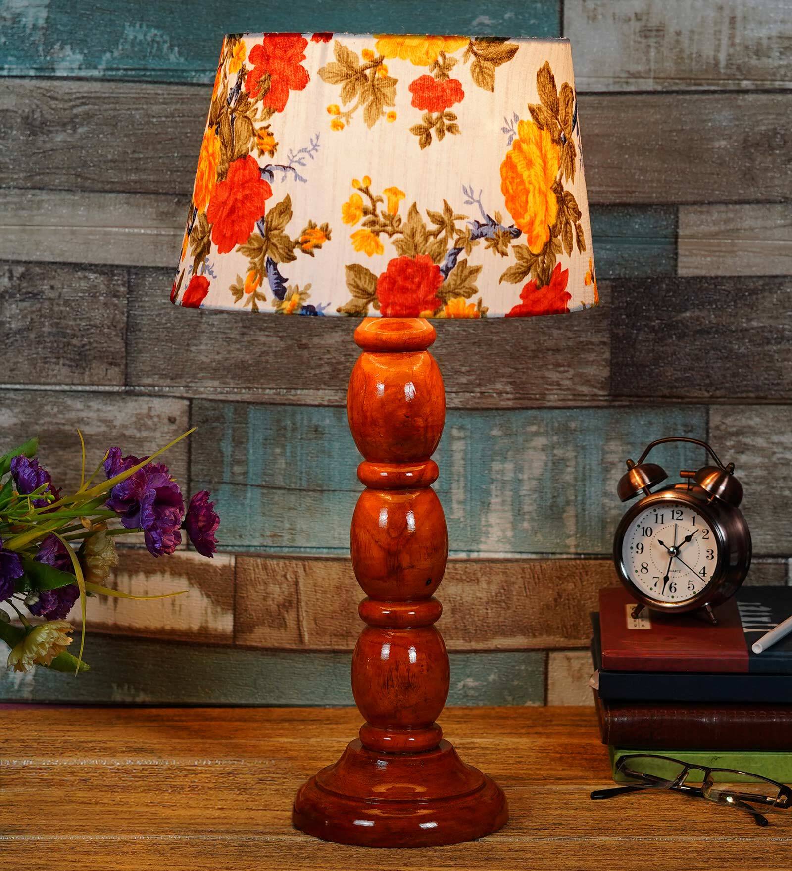 Chicago Multicolour Fabric Shade Night Lamp With Wood Base