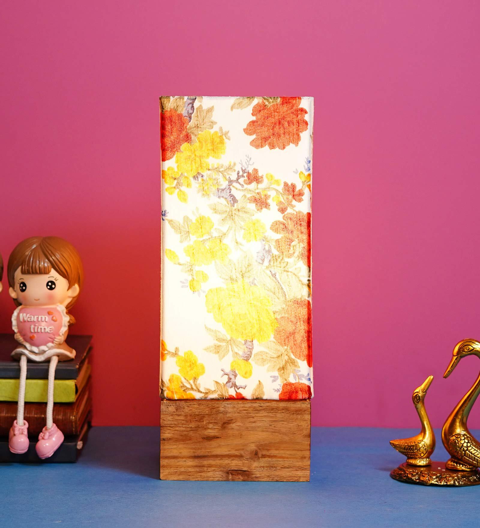 Elona Multicolour Fabric Shade Table Lamp With Wood Base