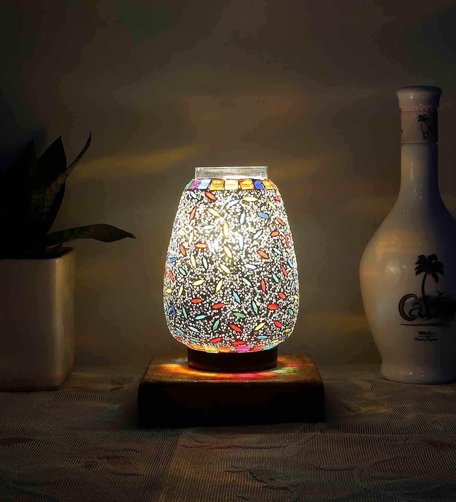 Multicolour Shade Table Lamp With Wood Base