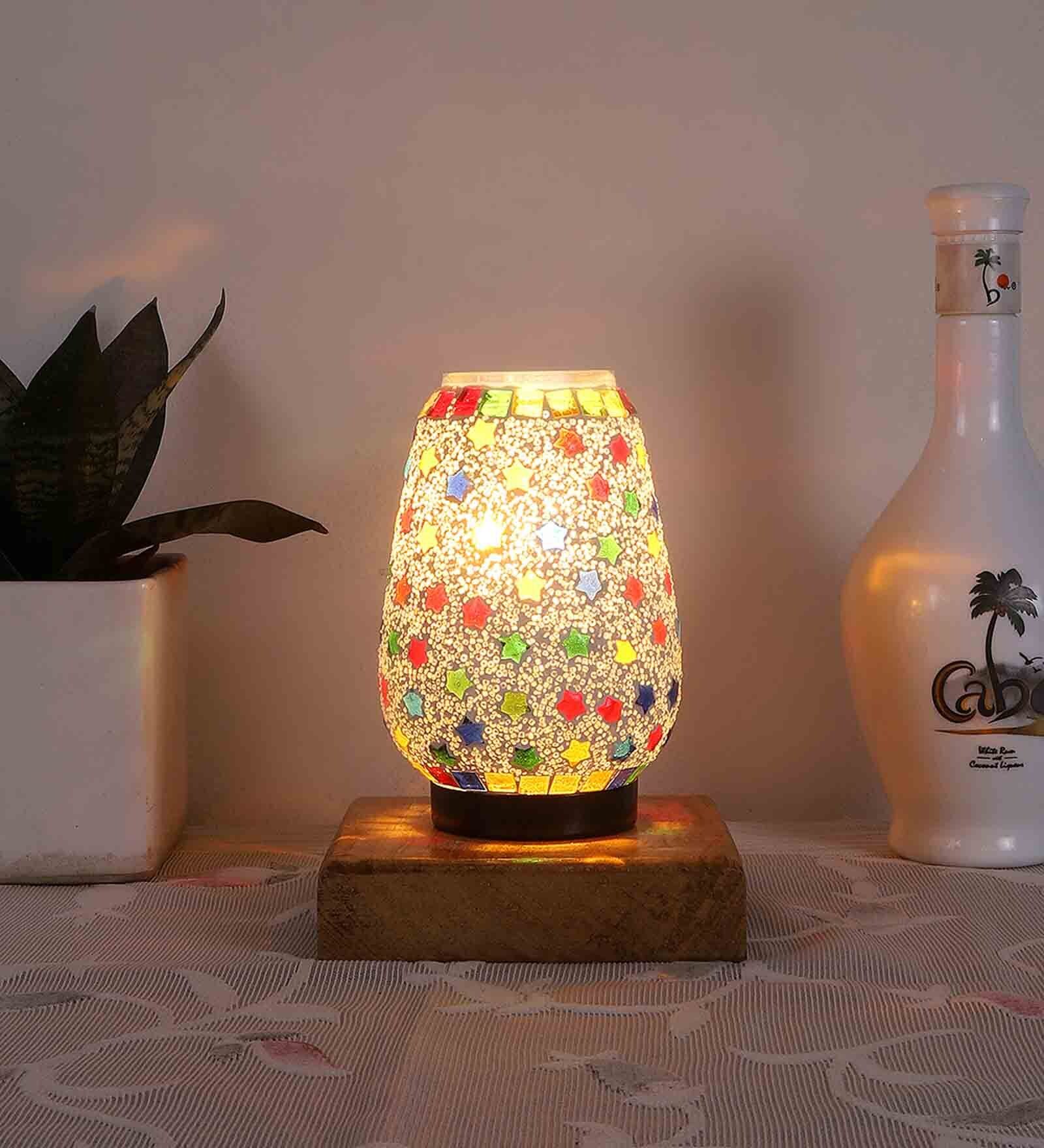 Multicolour Shade Table Lamp With Wood Base