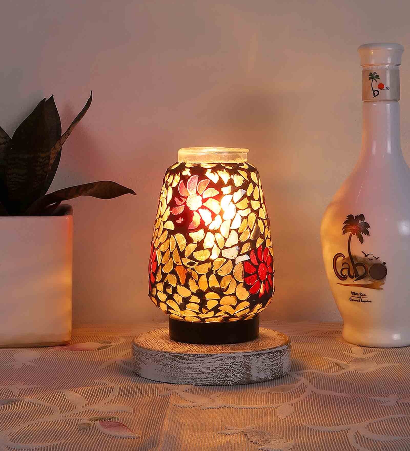 Multicolour Shade Table Lamp With Wood Base