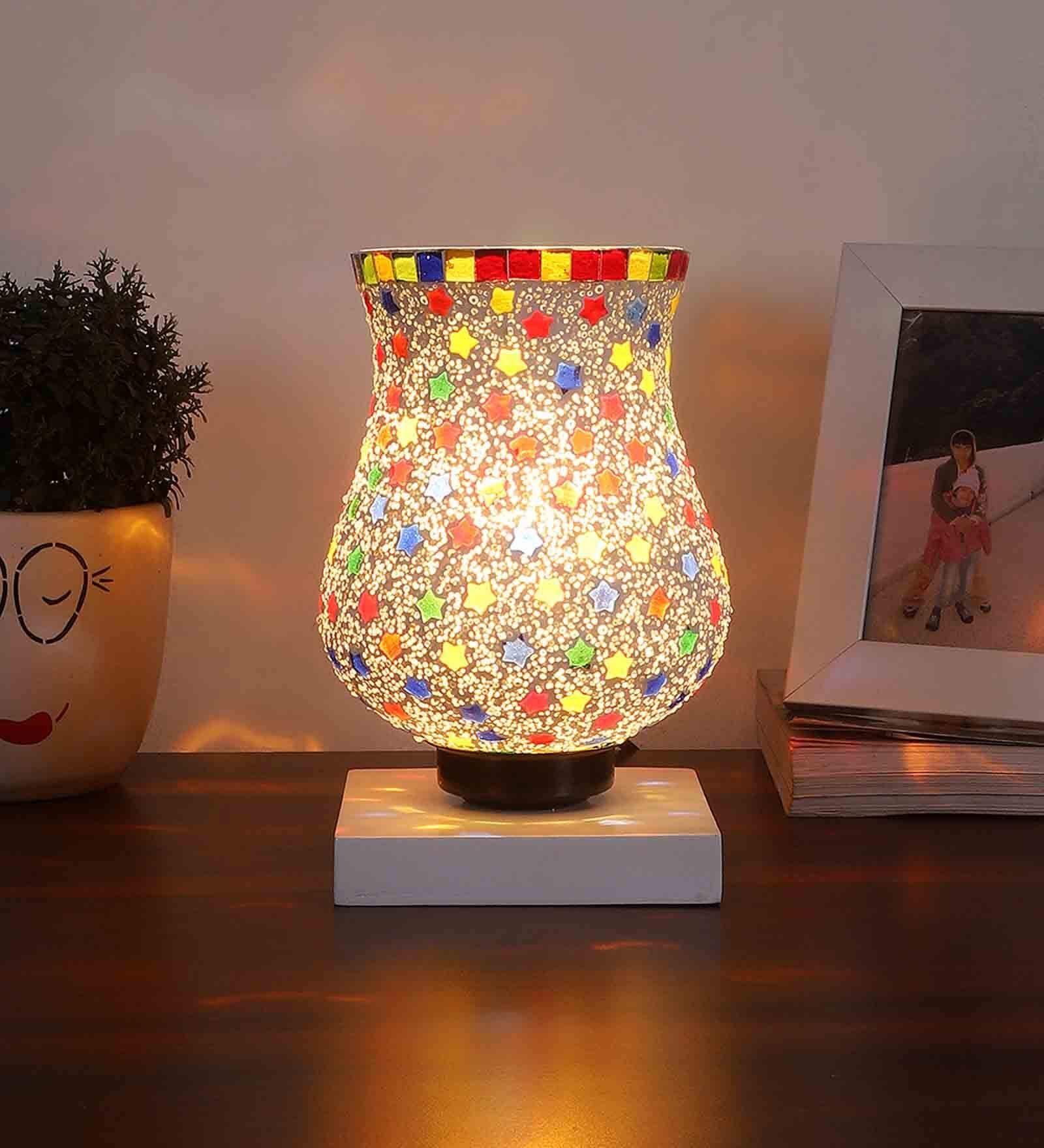 Multicolour Shade Table Lamp With Wood Base