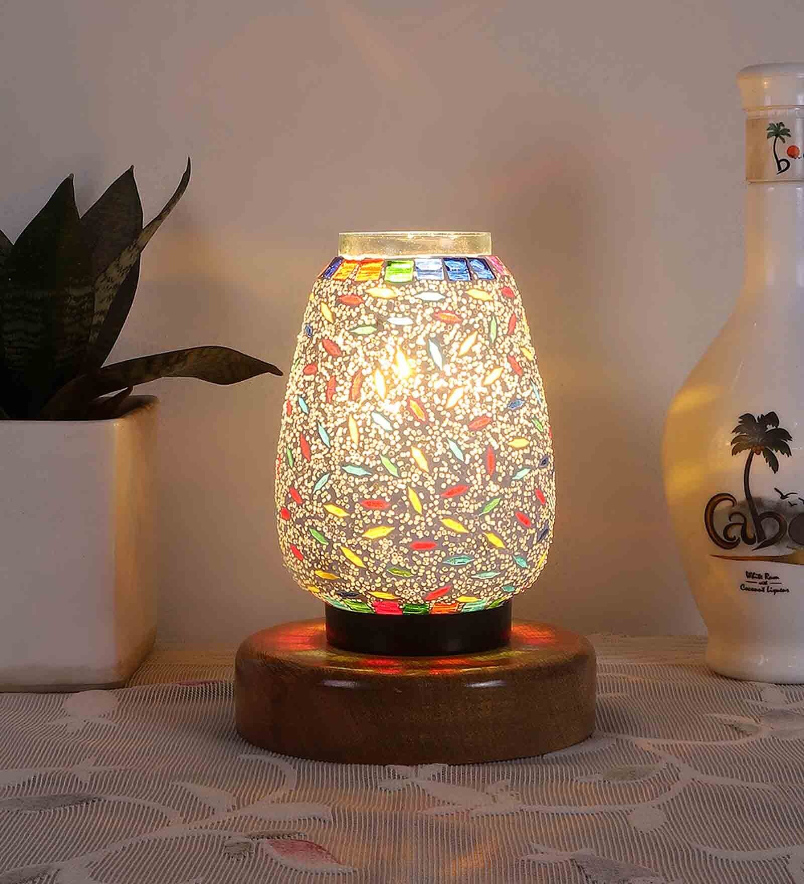 Multicolour Shade Table Lamp With Wood Base