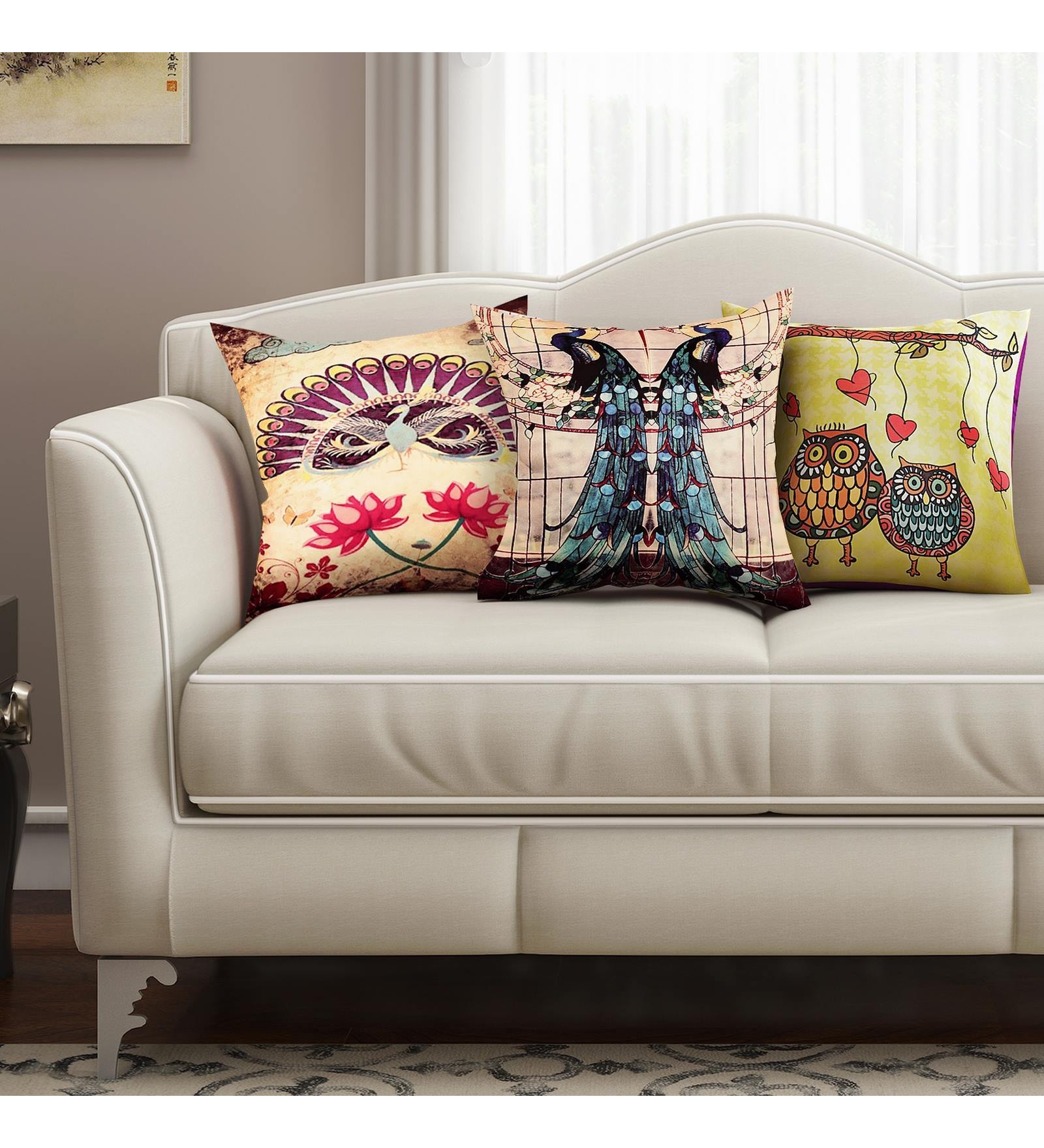 Beige Traditional Silk 16 x 16 Inches Cushion Covers (Set of 3)