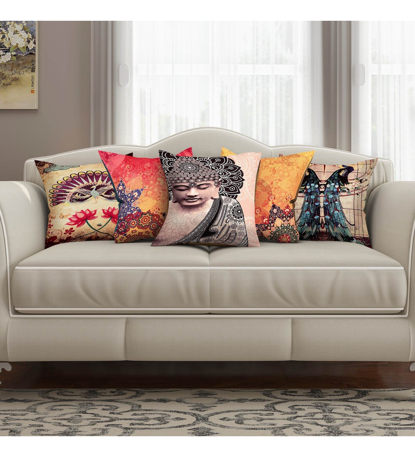 Beige Traditional Silk 16 x 16 Inches Cushion Covers (Set of 5)