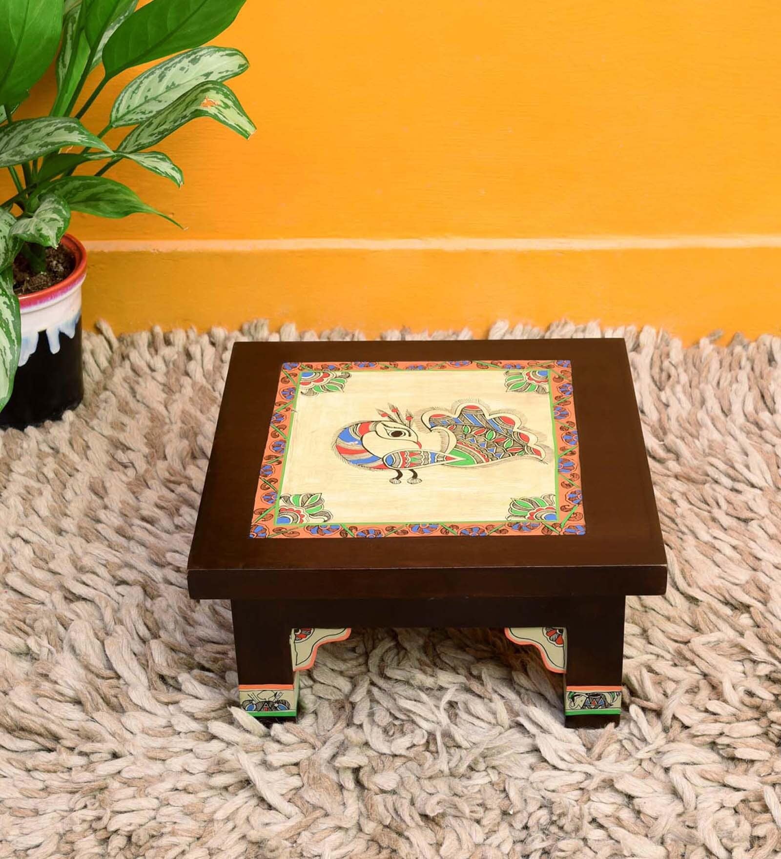 Multicolour Teakwood Peacock Chowki