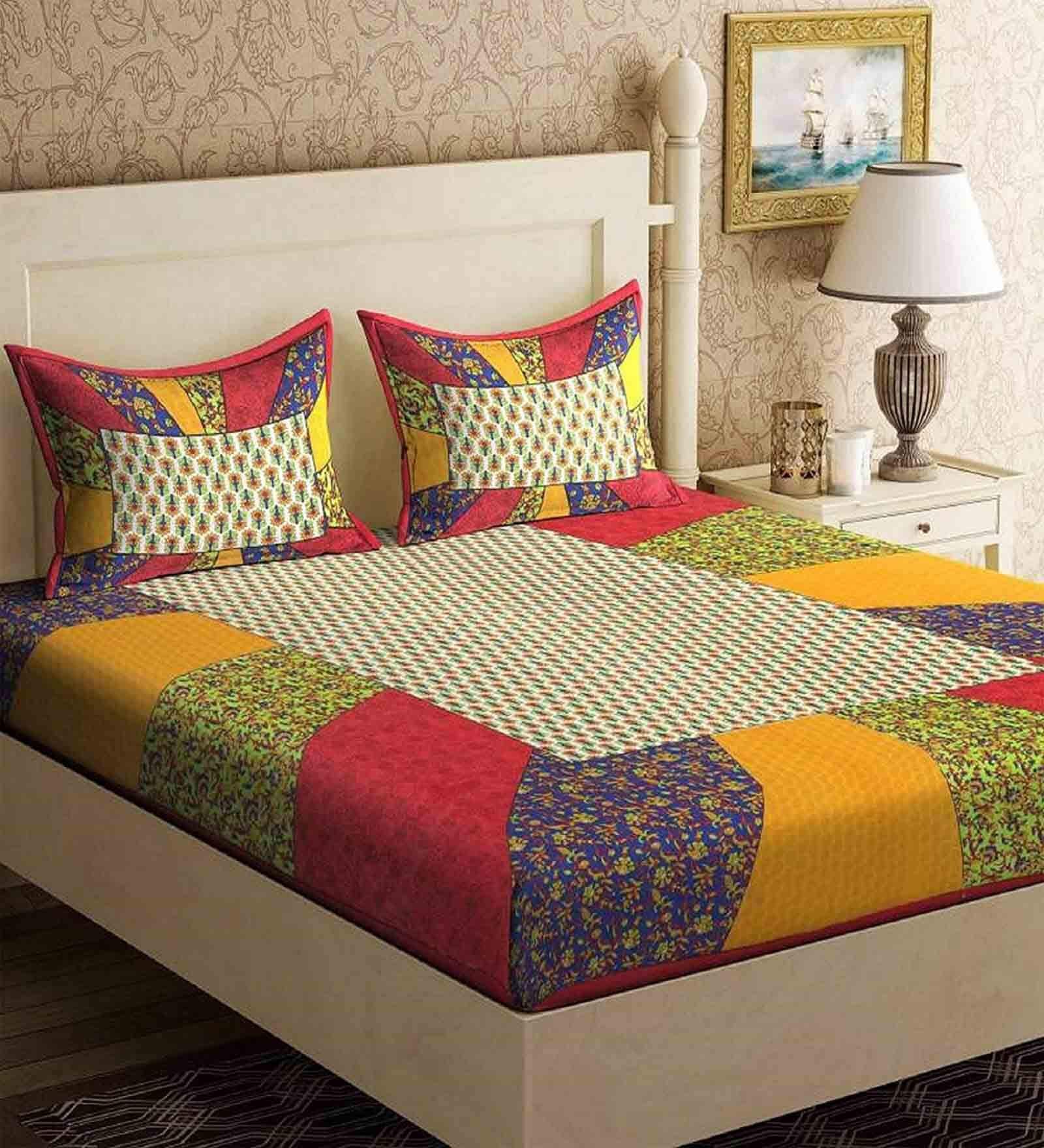 Multicolour Traditional 120 TC 100% Cotton Queen Bedsheet With 2 Pillow Covers