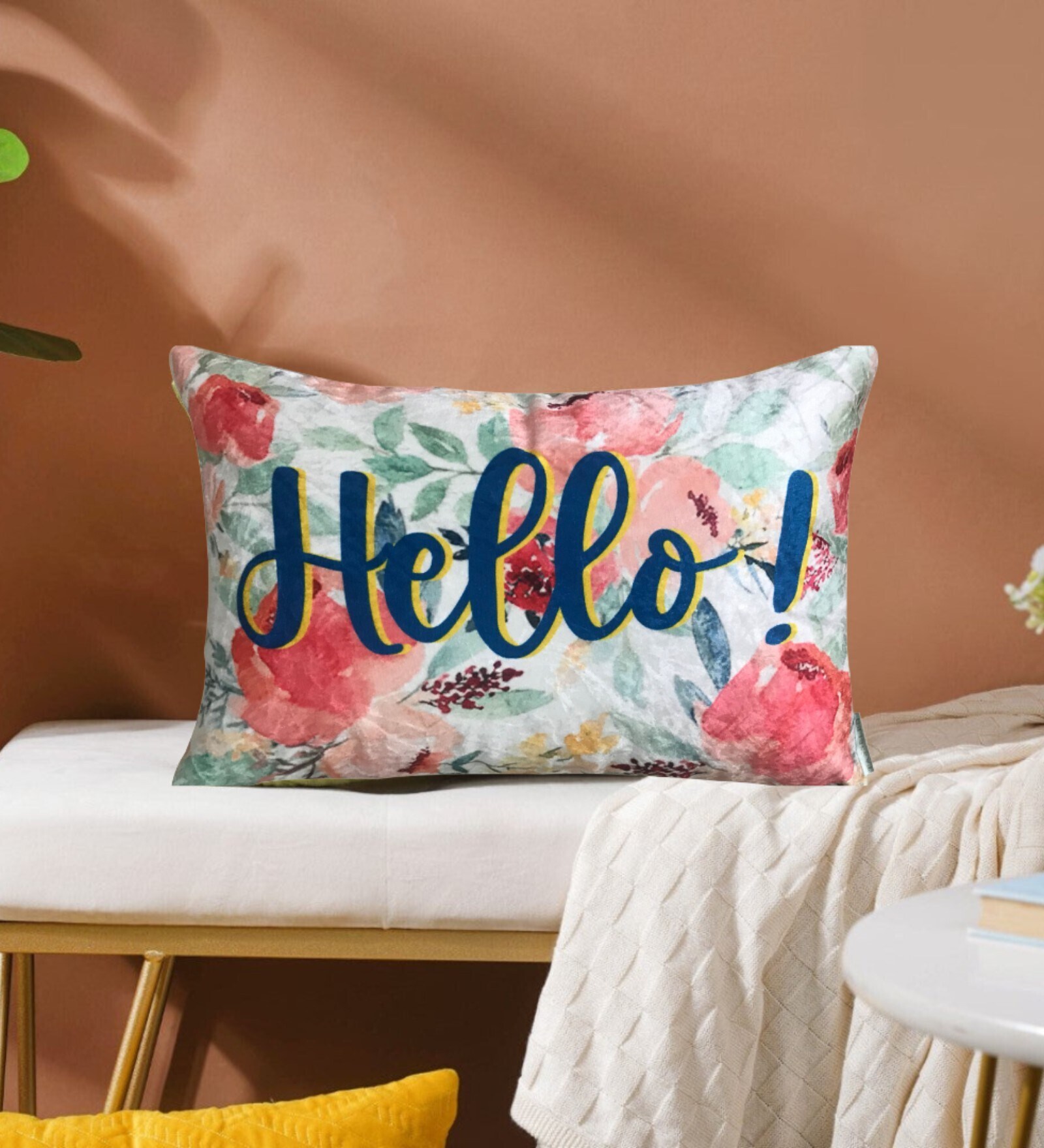 Multicolour Velvet Floral 12 X 18 inch Cushion Cover