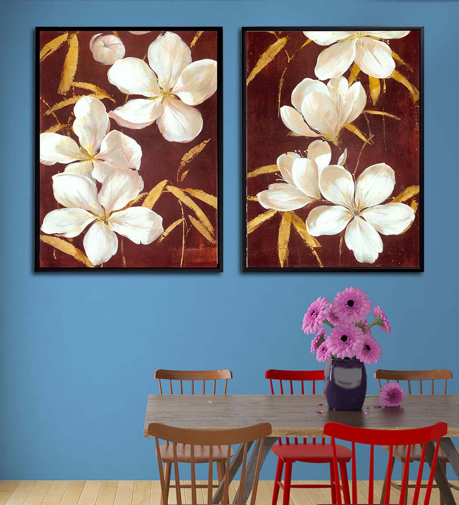Multicolour Wood & Canvas Floral Art Panels