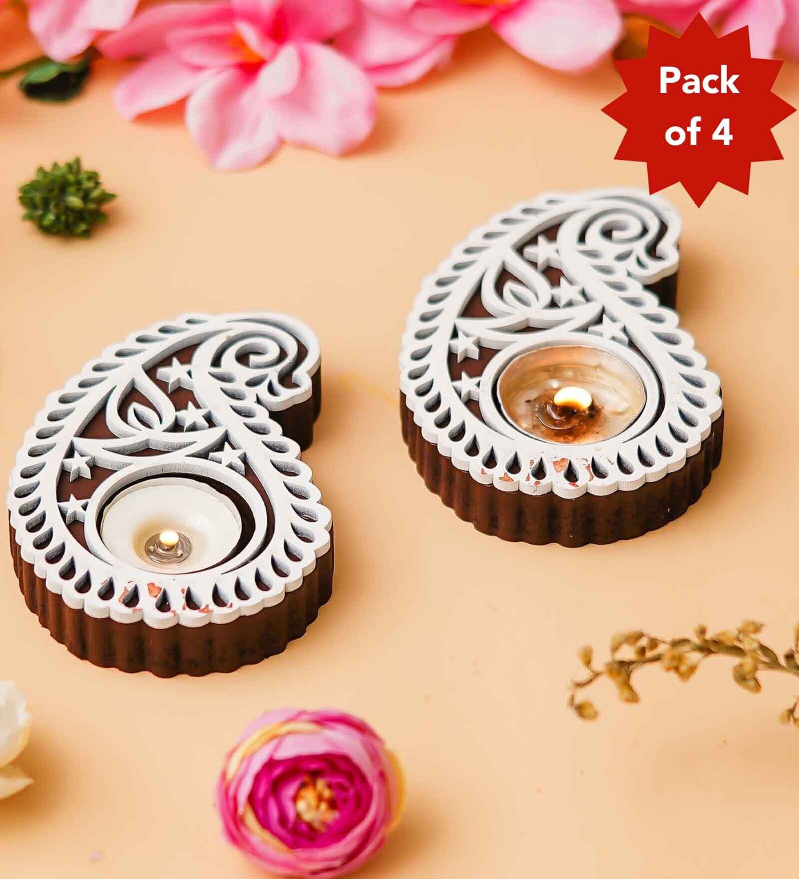 Multicolour Wood Buta or Paisley Shaped Wooden Block Print Decorative Tea Light Holders(Set of 4)
