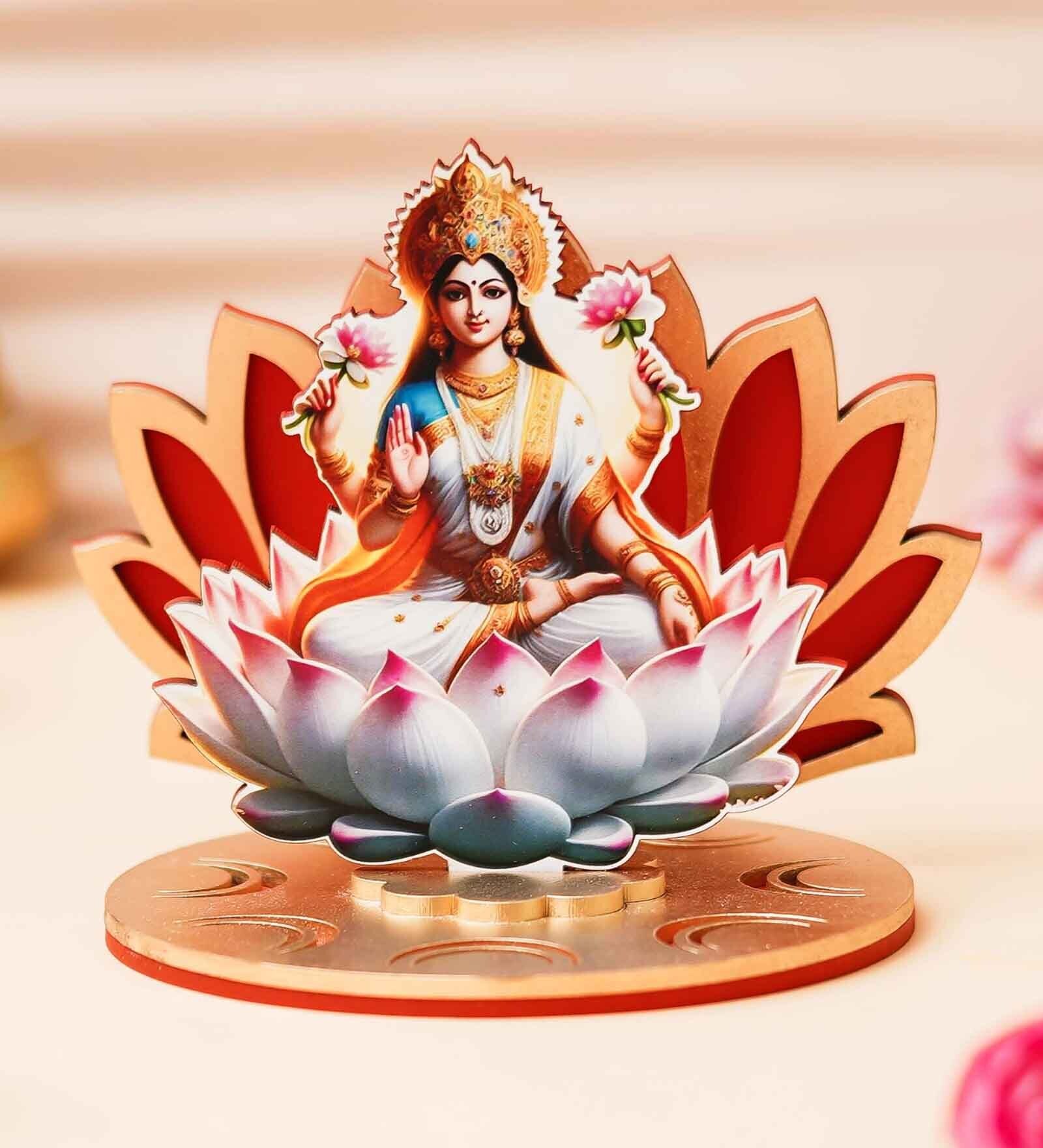 Maroon Wood Goddess Lakshmi Sitting on Lotus Flower Decorative Showpiece