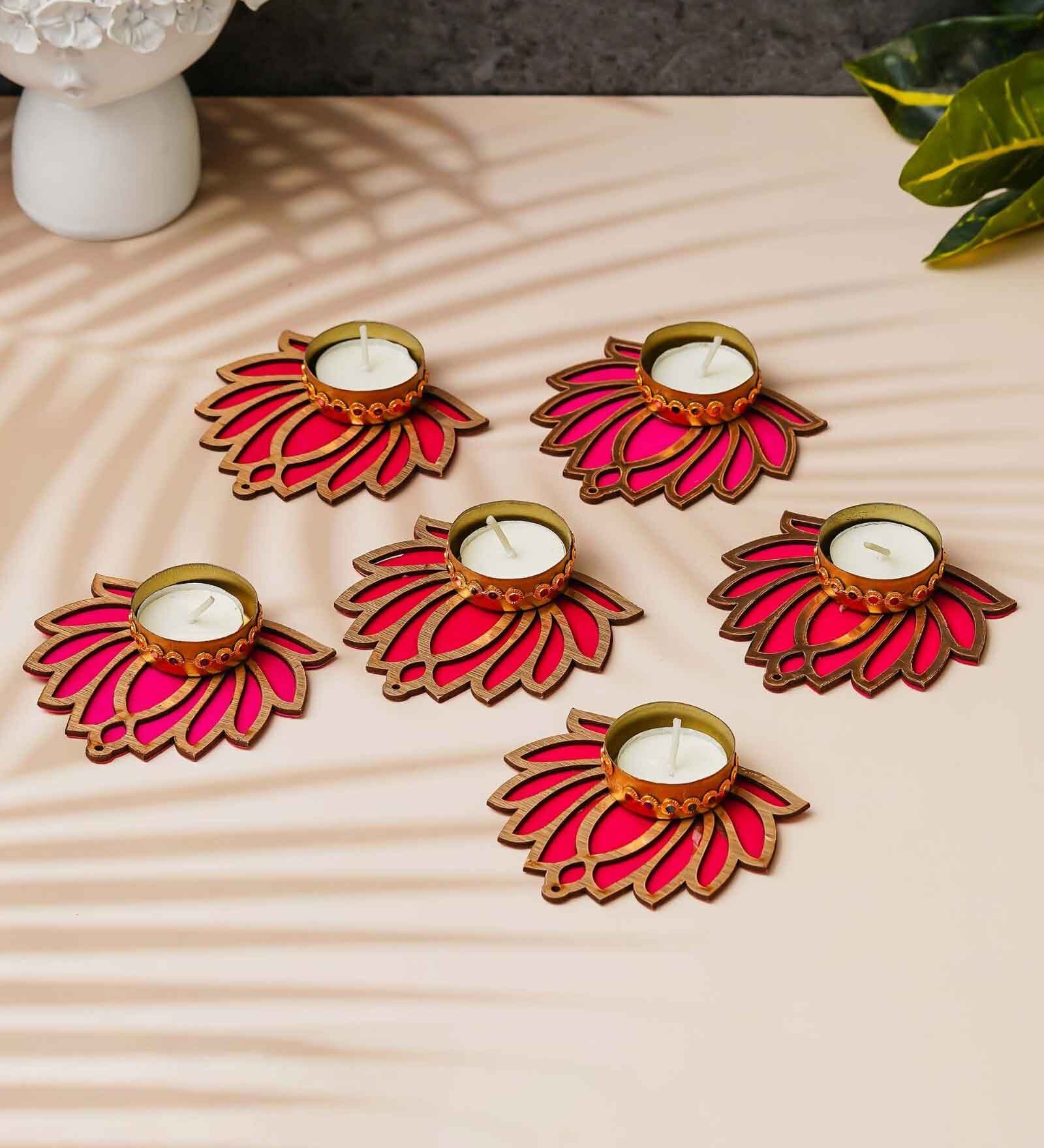 Pink Wood Golden & Pink Lotus Flower Decorative Tea Light Candle Holders (Set of 6)