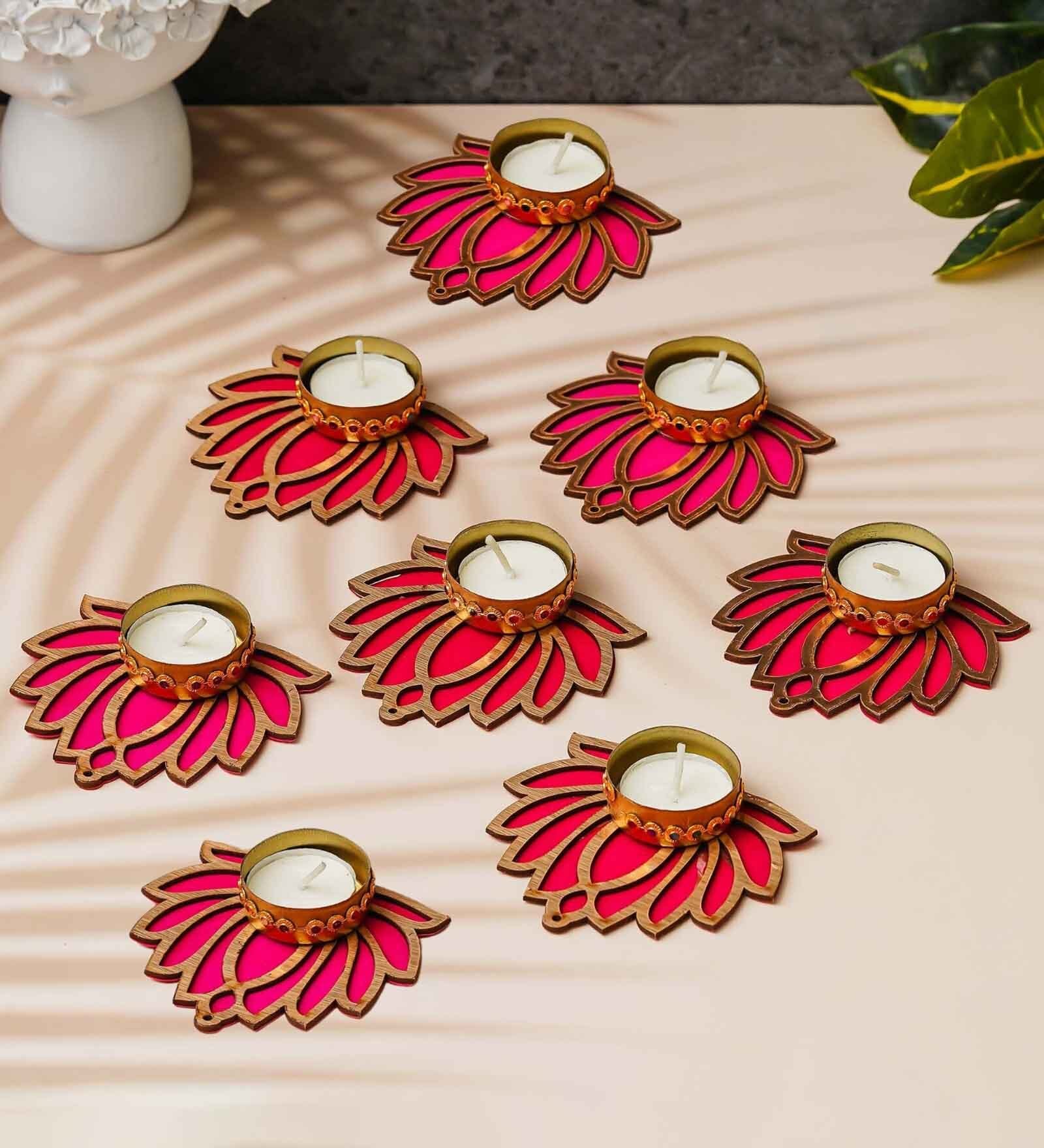 Pink Wood Golden & Pink Lotus Flower Decorative Tea Light Candle Holders (Set of 7)