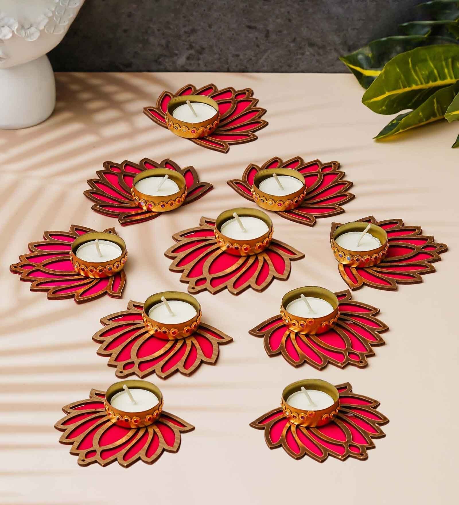 Pink Wood Golden & Pink Lotus Flower Decorative Tea Light Candle Holders