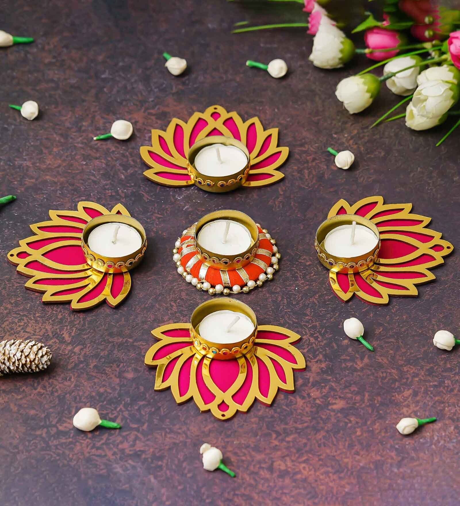 Maroon Wood Golden Pink Wooden Cut Out Lotus Flower Rangoli Tea Light Holders(Set of 5)