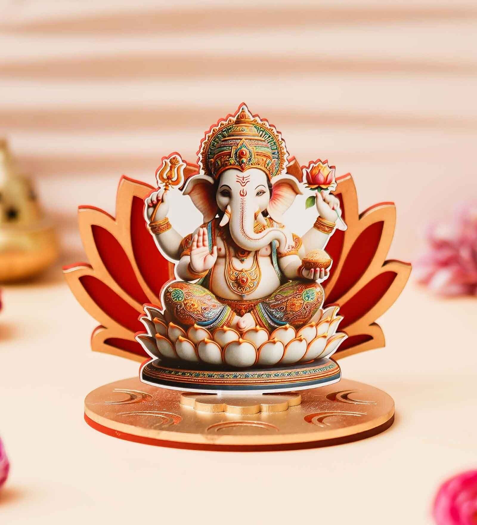 Maroon Wood Lord Ganesha Sitting on Lotus Flower Decorative Showpiece