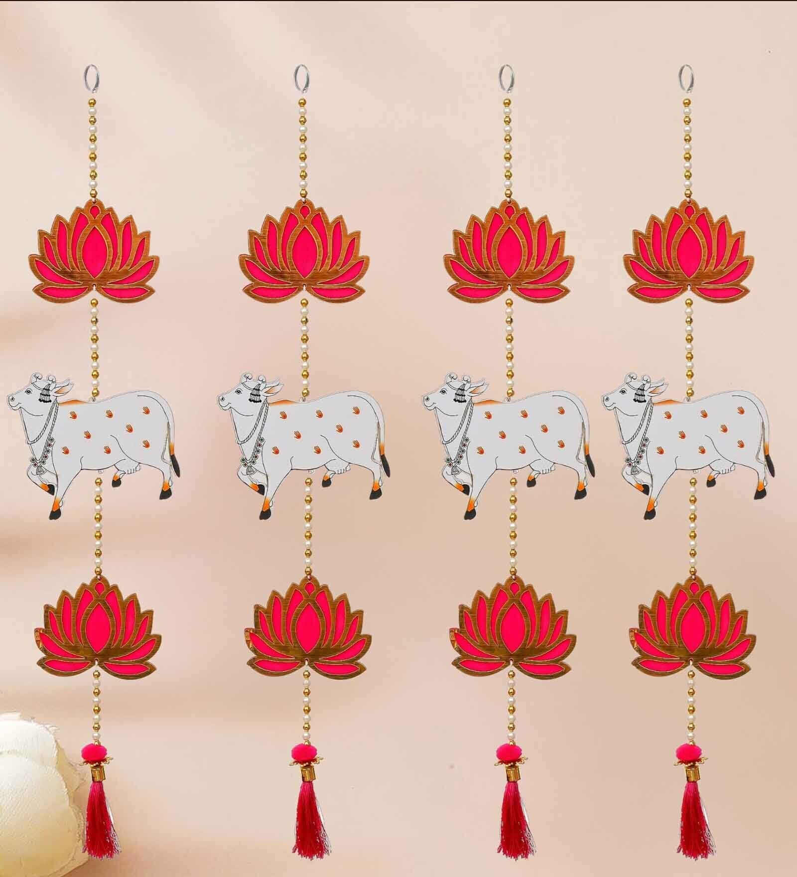 White & Pink Wood Lotus, Cow, Beads, Tassel Decorative Hanging for Diwali Decor (Set of 4)