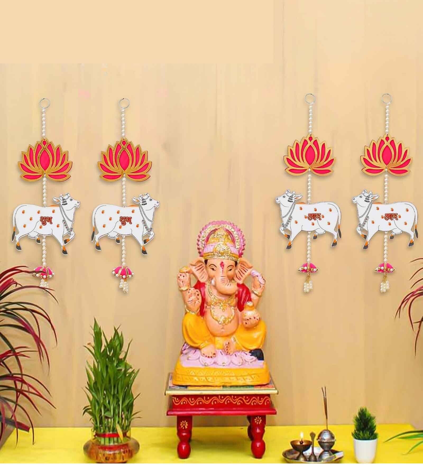 Maroon Wood Lotus, Cow, Pink Tassel Style Shubh Labh Hanging for Diwali (Set of 2)