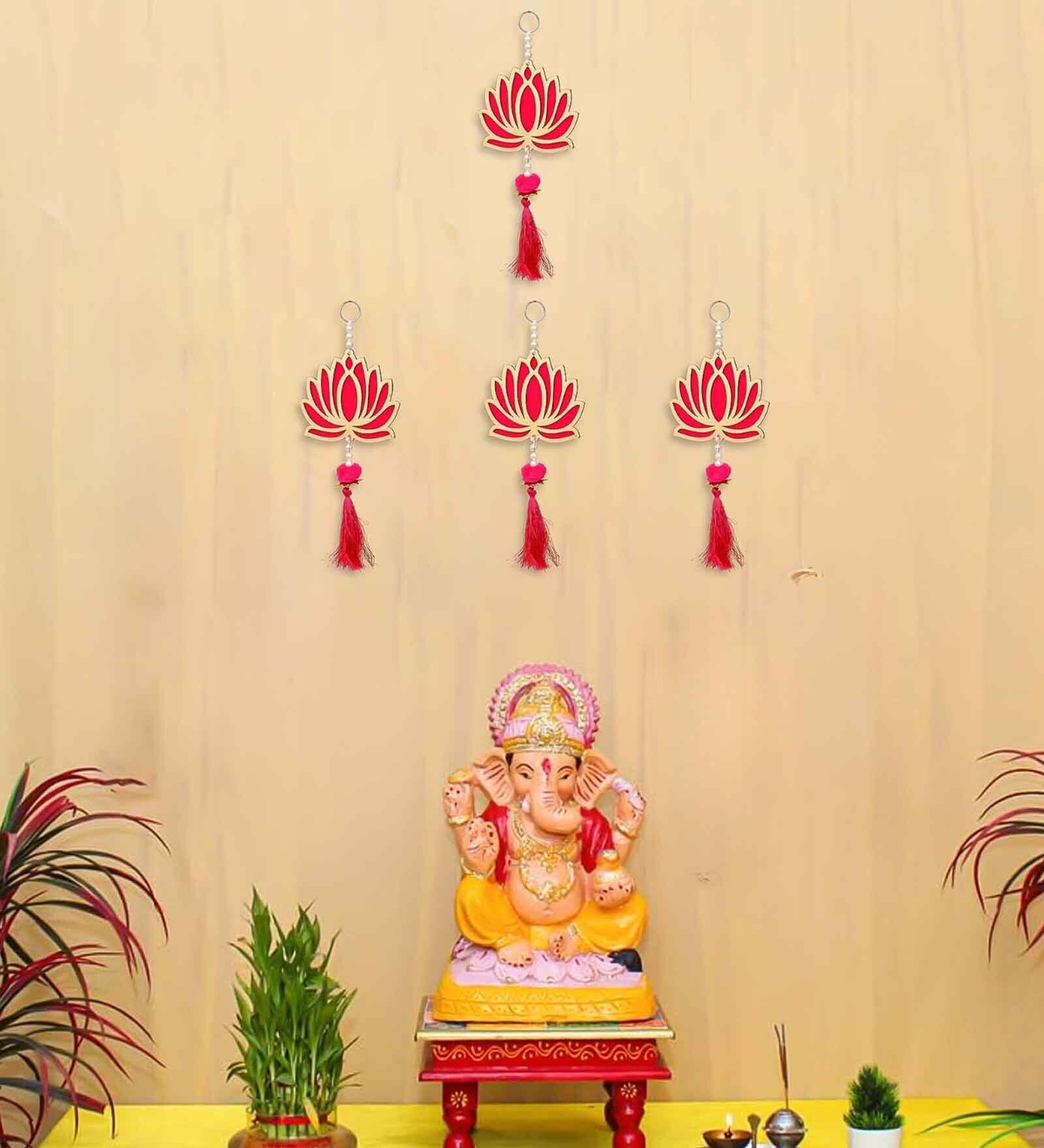 Pink Wood Lotus Flower Decorative Wall Hanging for Home Decor (Set of 4)