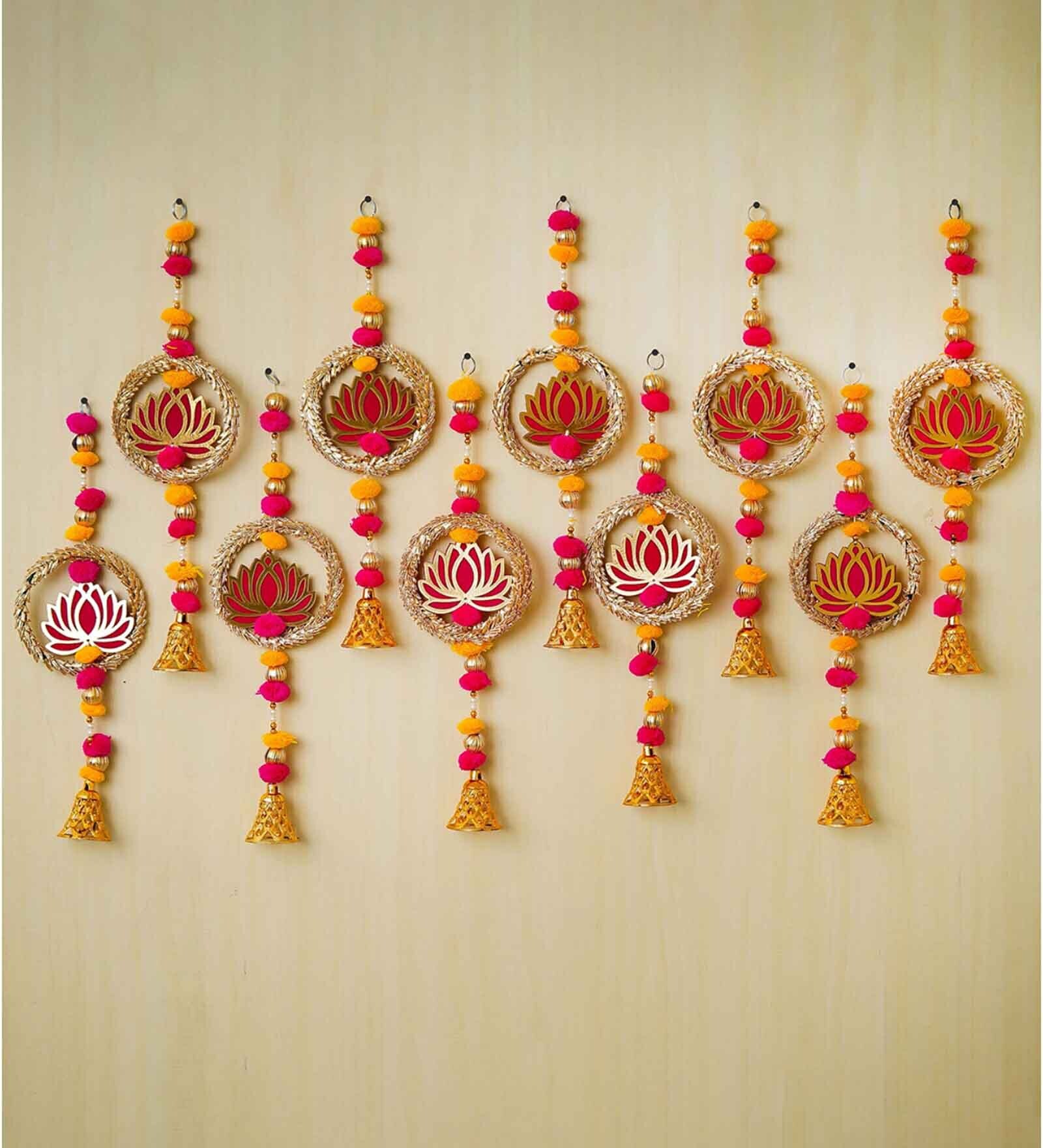 Maroon Wood Lotus in Golden Rings with Pom Pom, Bell Hangings Toran (Set of 10)