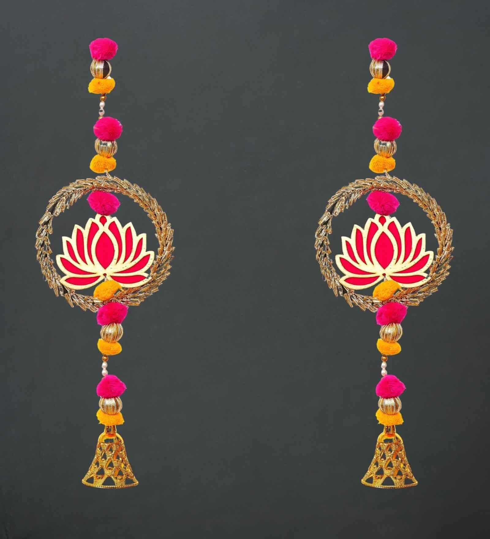 Maroon Wood Lotus in Golden Rings with Pom Pom, Bell Hangings Toran (Set of 2)